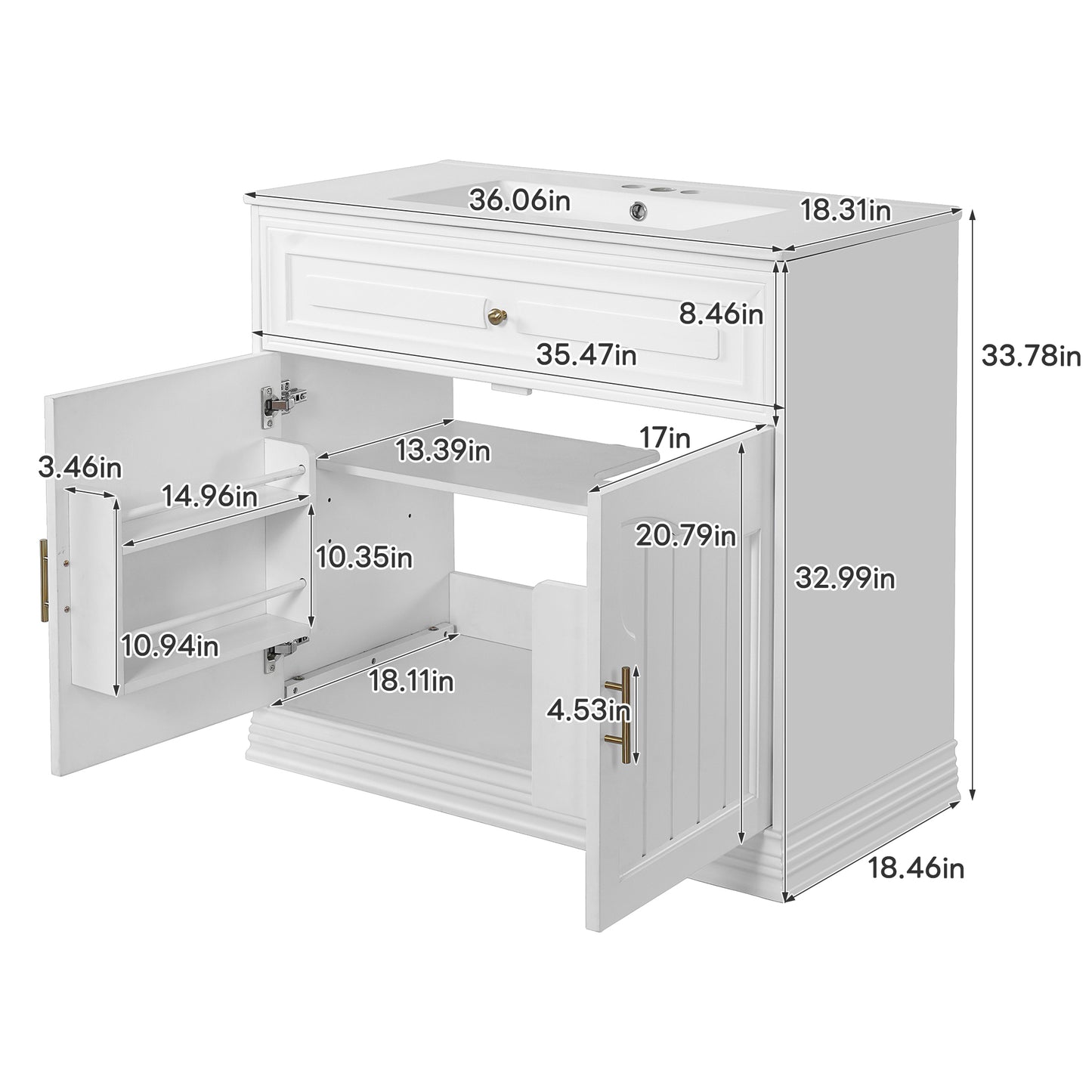 36" Luxurious Bathroom Vanity with Ceramic Sink, Bathroom Vanities Cabinet with 2 large Soft Closing Doors, Solid Wood Frame Bathroom Storage Cabinet