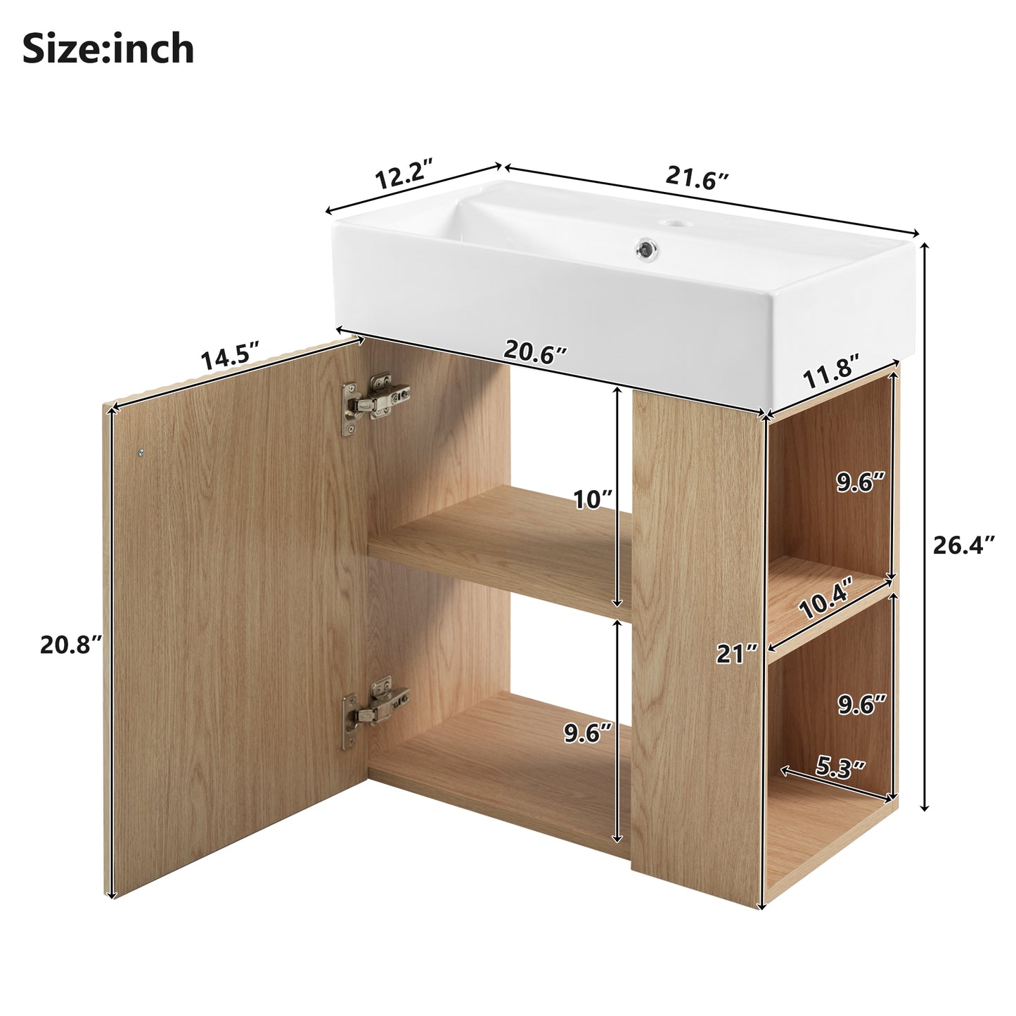 21.6" Modern Floating Bathroom Vanity with Ceramic Basin - Perfect for Small Bathrooms, Right side storage