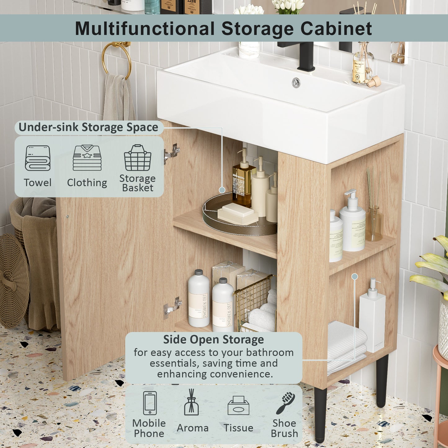 21.6" Wood Bathroom vanity, Combo Cabinet, Bathroom Storage Cabinet, Single Ceramic Sink, Right side storage