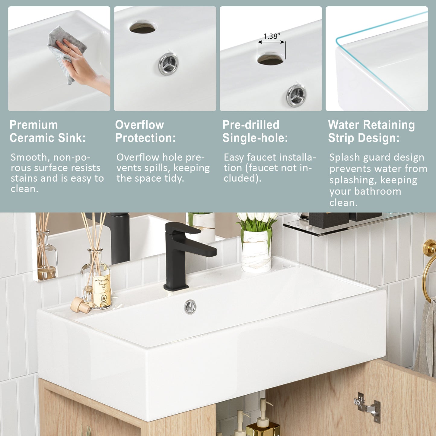 21.6" Wood Bathroom vanity, Combo Cabinet, Bathroom Storage Cabinet, Single Ceramic Sink, Left side storage