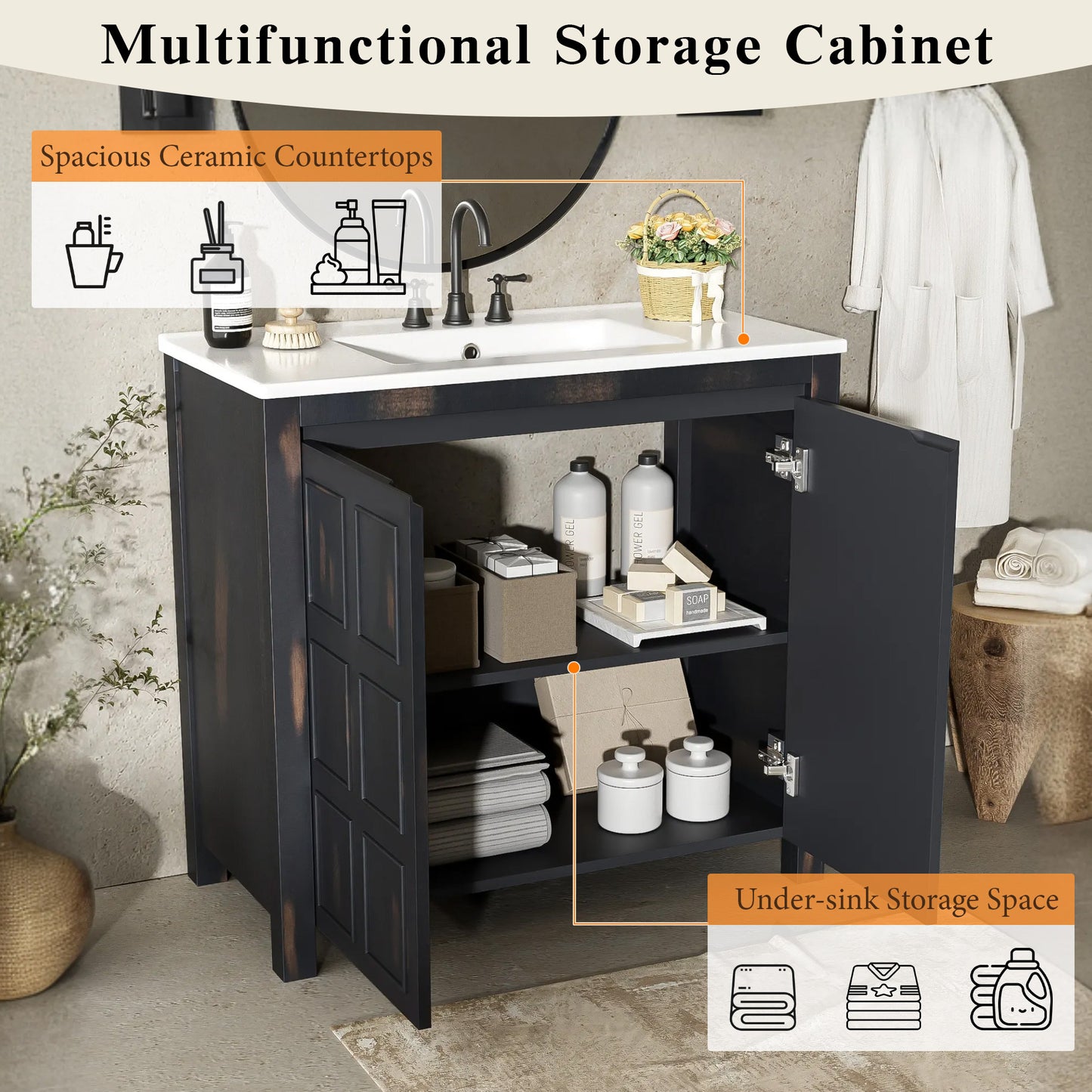 36 " Bathroom Vanity Organizer with Ceramic Sink, Set Bathroom Storage Cabinet, Vintage Espresso
