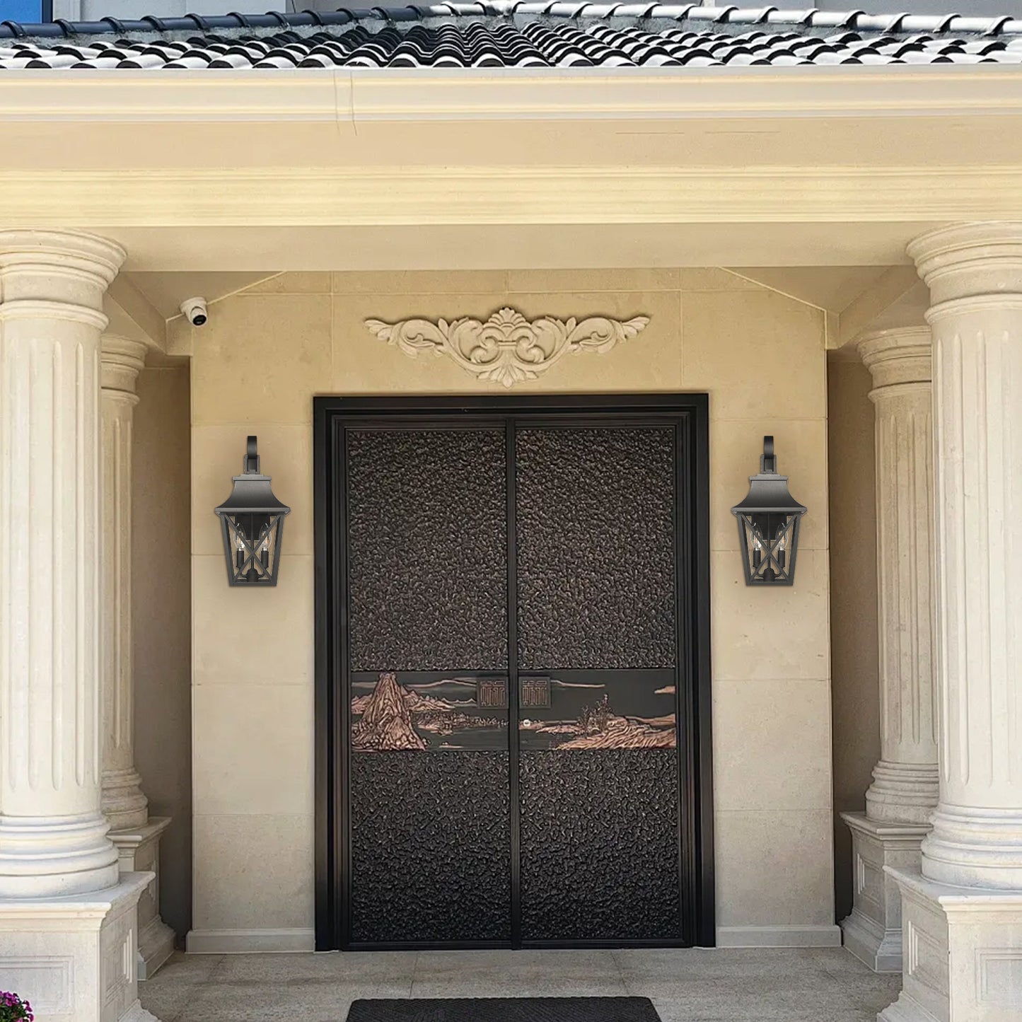 Black Outdoor Wall Lantern 2-Light, Large Outside Modern Wall Sconce Light Fixture, Industrial Porch Light Wall Mount with Glass, Waterproof Farmhouse Exterior Lamp Lighting (2 Pack)