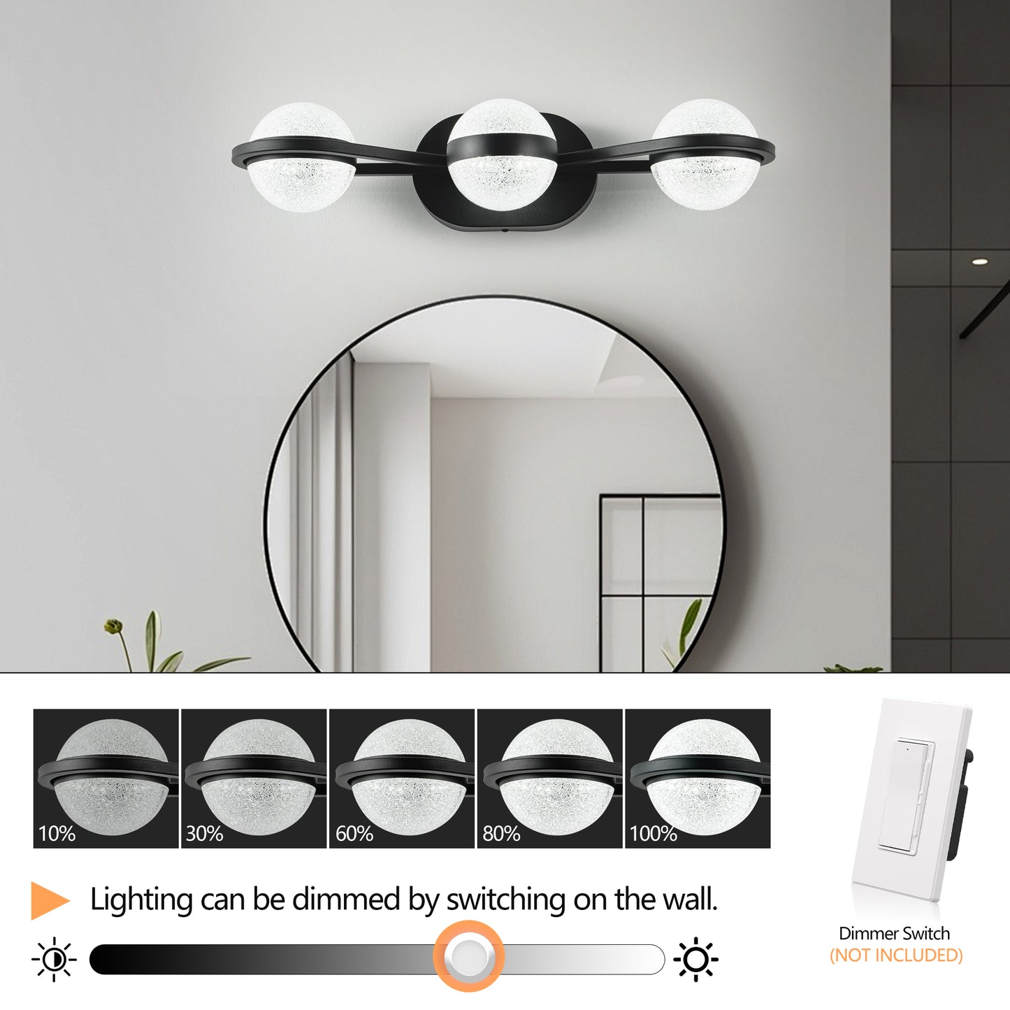 Bathroom Vanity Light, LED 3 Bulb Crystal Sand Acrylic Shades, Wall Mounted Decorative Lighting Fixture, Suitable for Bathroom Vanity Mirror (Black)