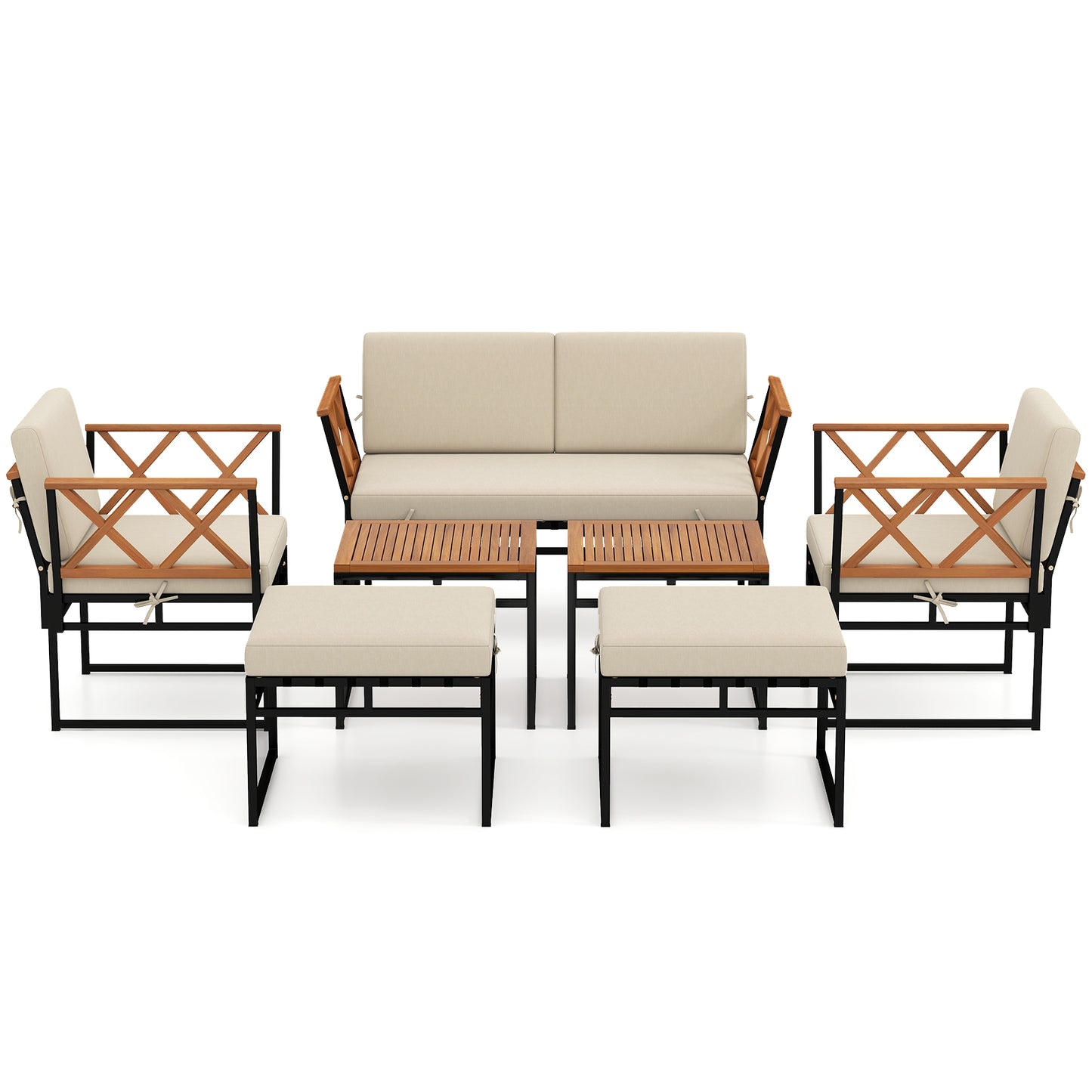 7 Piece Outdoor Conversation Set with Cushions and Bungee Rope Seat-Beige