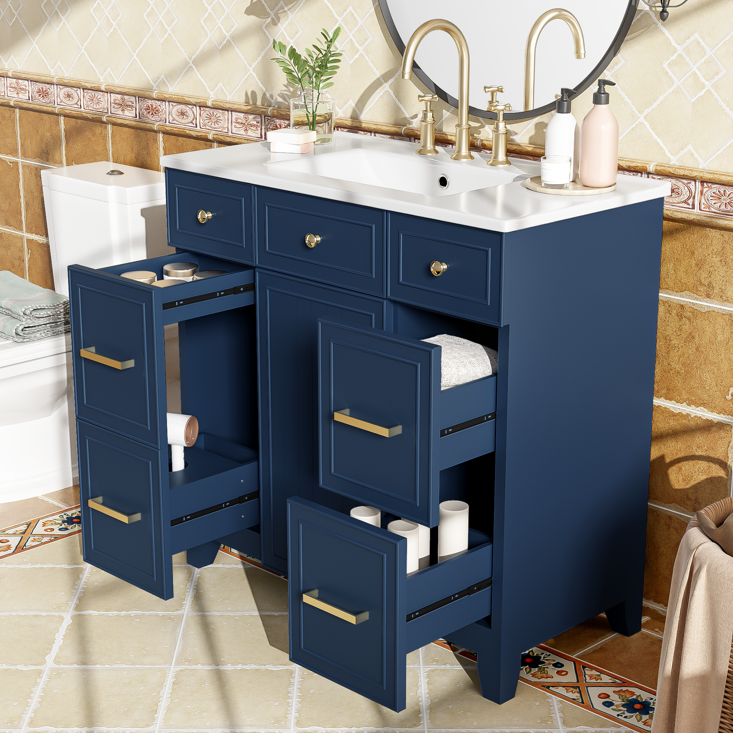 36" Bathroom Vanity with Ceramic Sink, Blue, Solid Wood Frame, Soft Close Doors, Adjustable Shelves, 3 Drawers,Including Double-Depth Drawer for Hairdryer Storage
