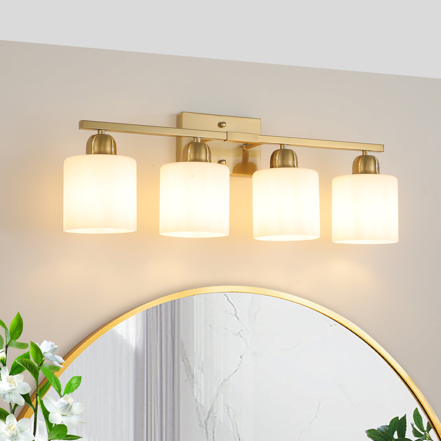 Gold Bathroom Light Fixtures, 4-Light Modern Vanity Light Over Mirror, Wall Sconces with Milky White Frosted Glass Shades, E26 Socket (Bulbs Not Included)