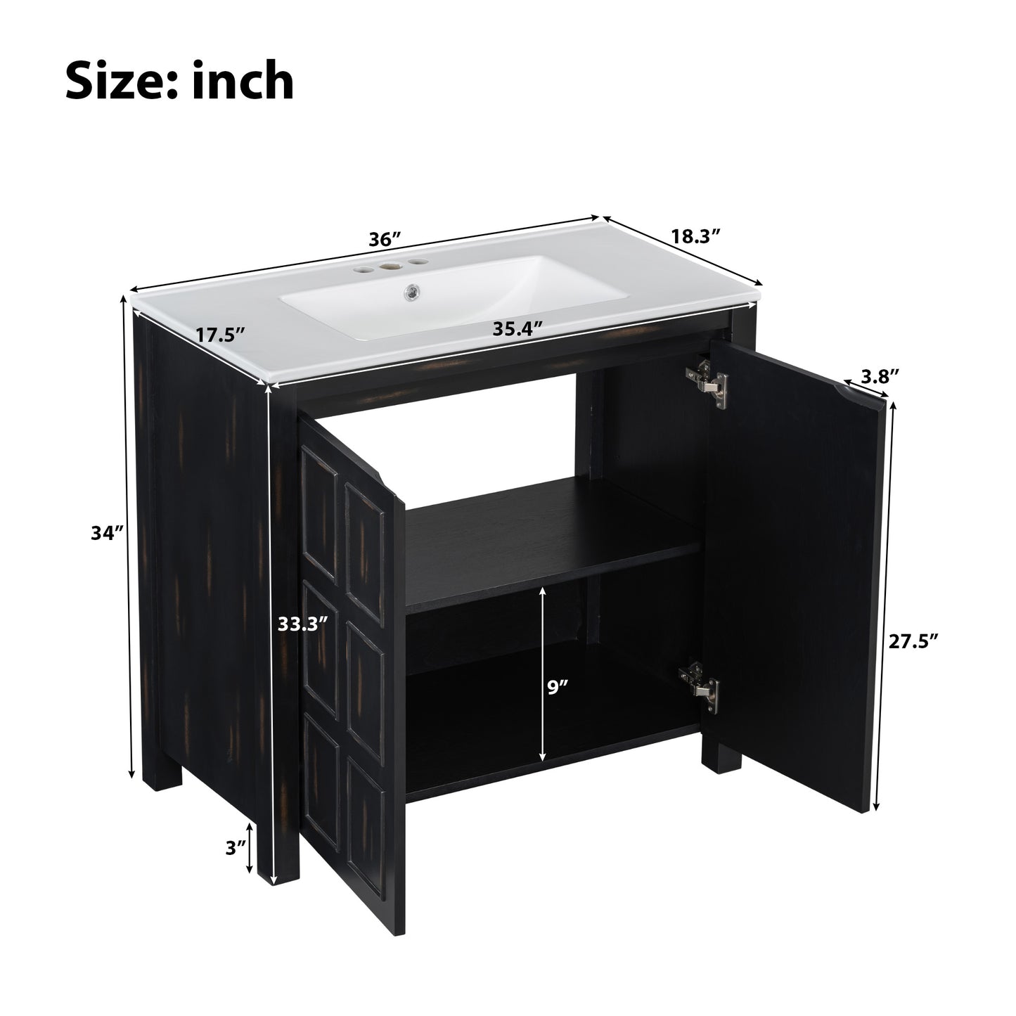 36 " Bathroom Vanity Organizer with Ceramic Sink, Set Bathroom Storage Cabinet, Vintage Espresso