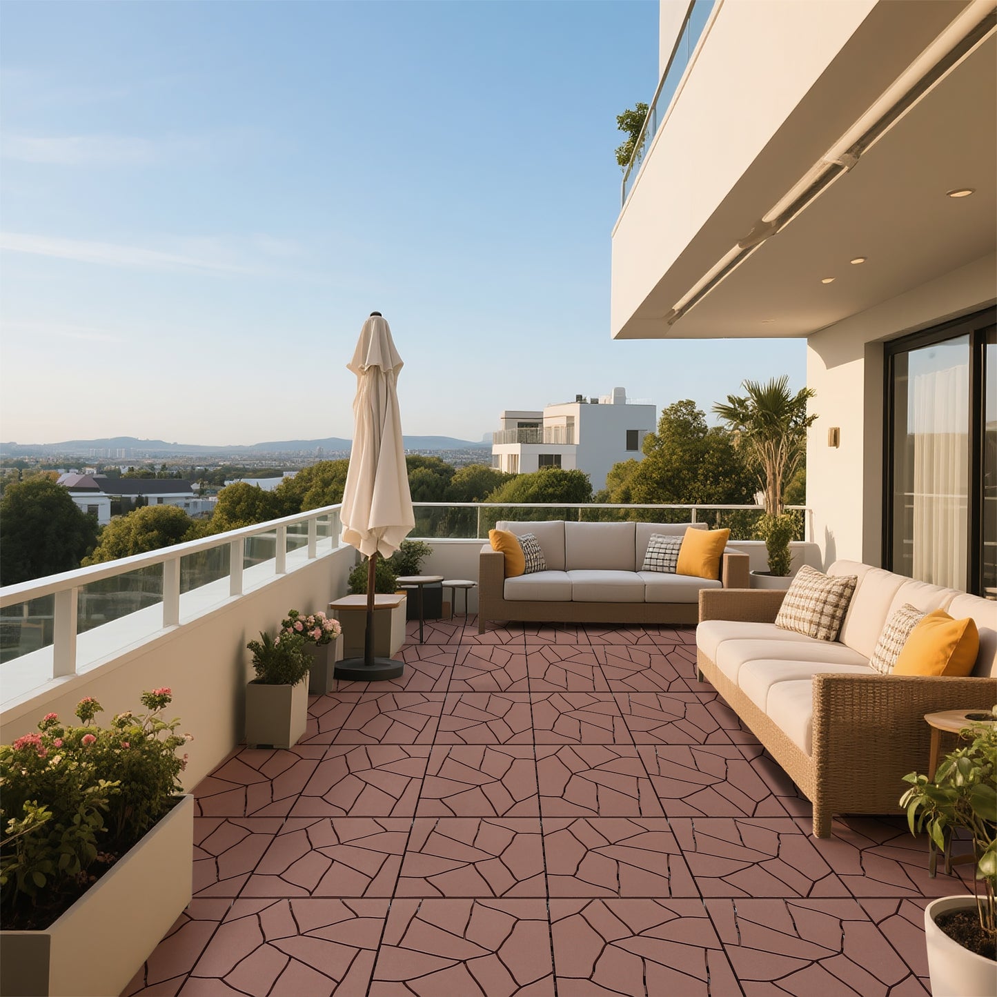 Stone Style 12" Patio Deck Tiles, DIY Module Interlocking Decking Tiles Floor Tile Outdoor and Indoor,Easy and Quick Installation Court Tiles for Porch Poolside Balcony Backyard 44pcs, Brown