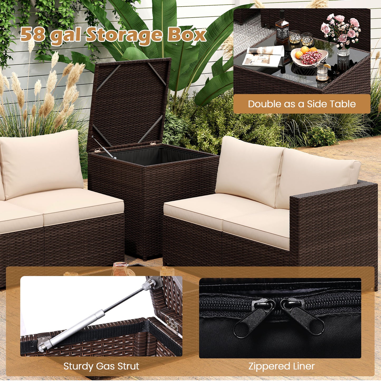 8 Piece Patio Furniture Set with Storage Box and Tempered Glass Coffee Table-Beige