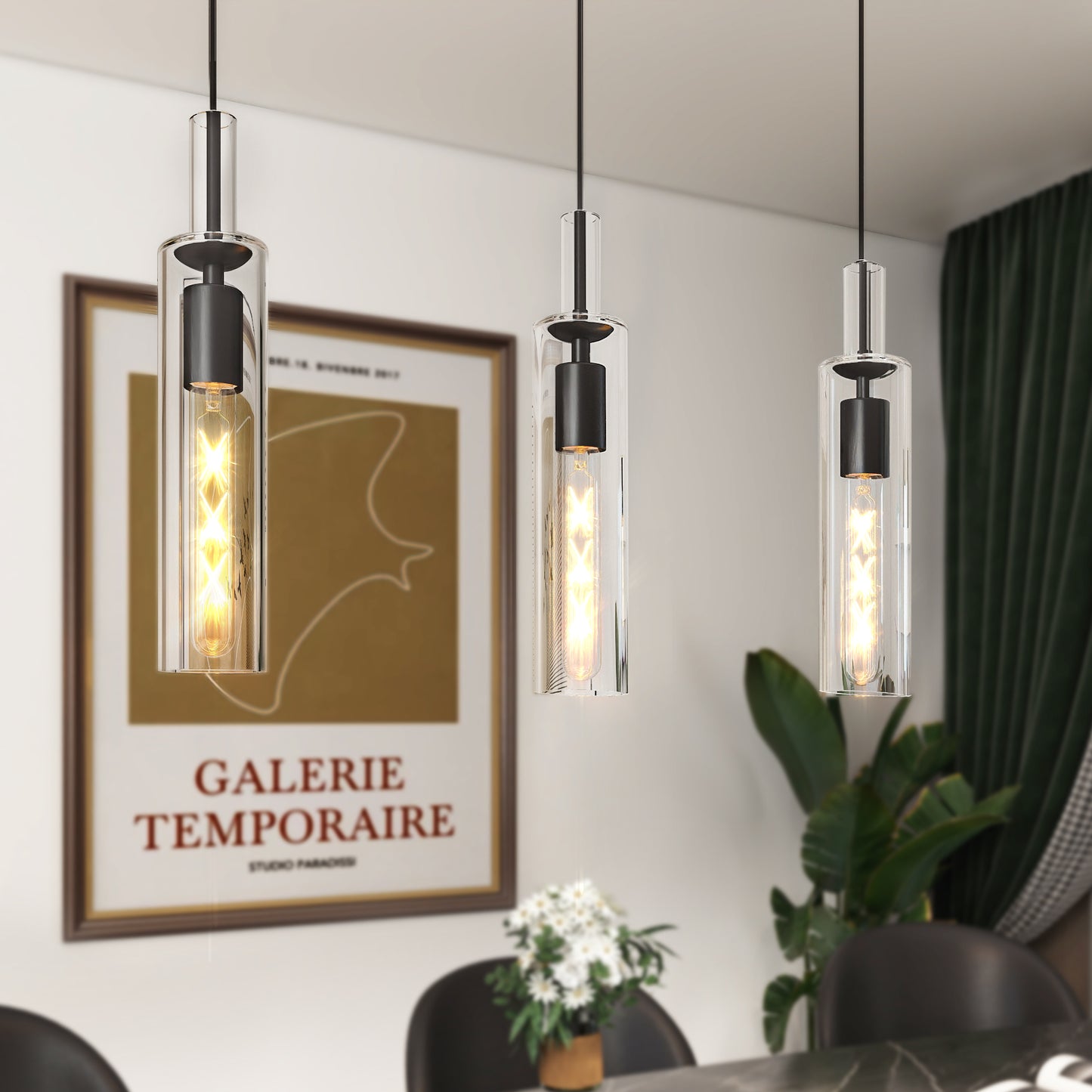 3 Pack Black Pendant Lights Kitchen Island (No Bulbs), Adjustable Modern Glass Pendant Light Over Island, Industrial Pendant Light Fixtures for Dining Room Hallway Bedroom Living Room