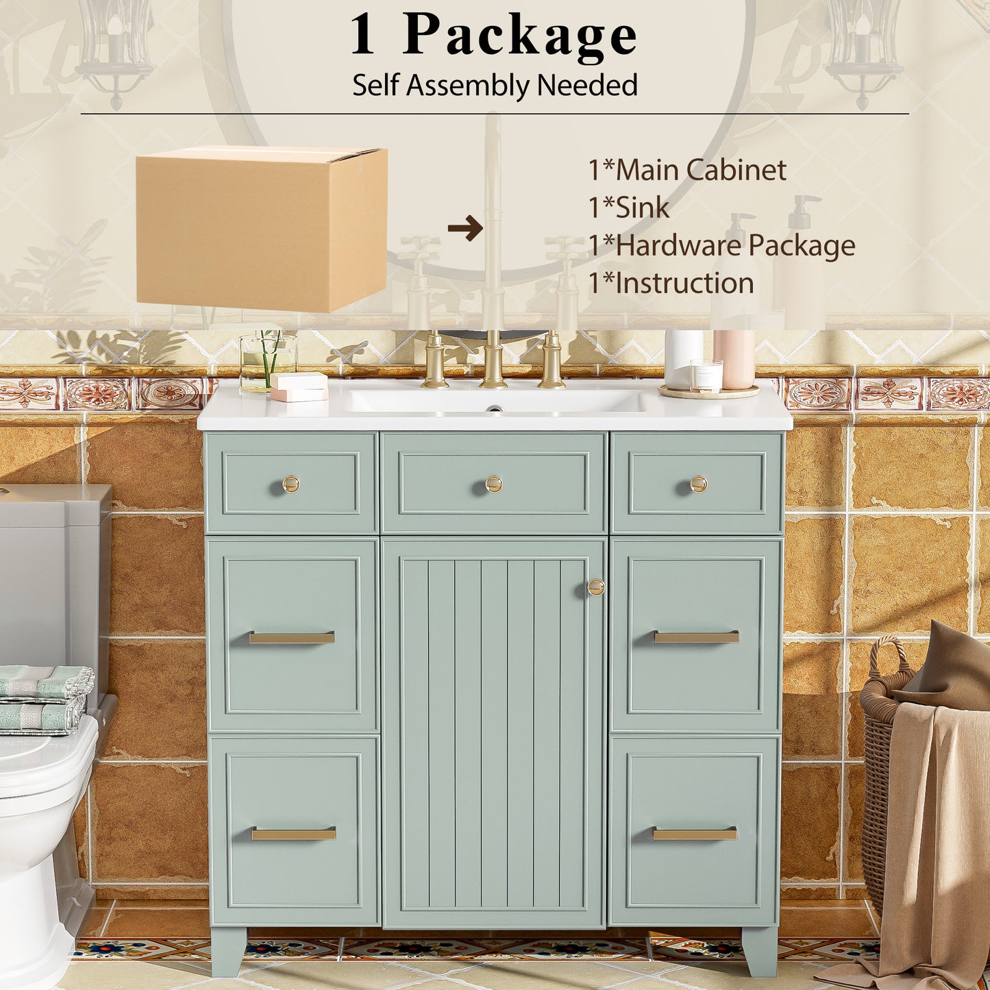 36" Bathroom Vanity with Ceramic Sink, Green, Solid Wood Frame, Soft Close Doors, Adjustable Shelves, 3 Drawers ,Including Double-Depth Drawer for Hairdryer Storage