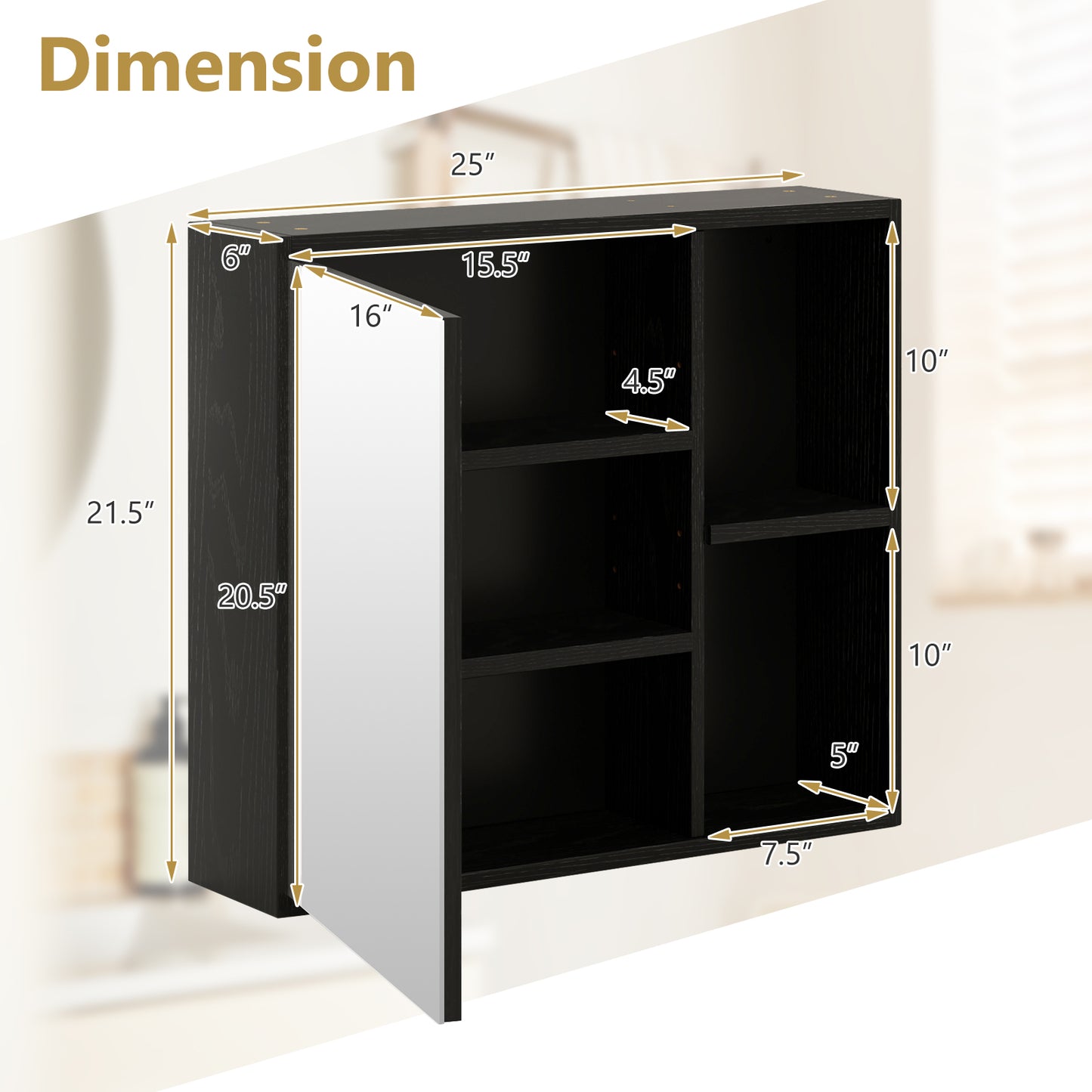 Bathroom Medicine Cabinet with Single Mirror Door-Black