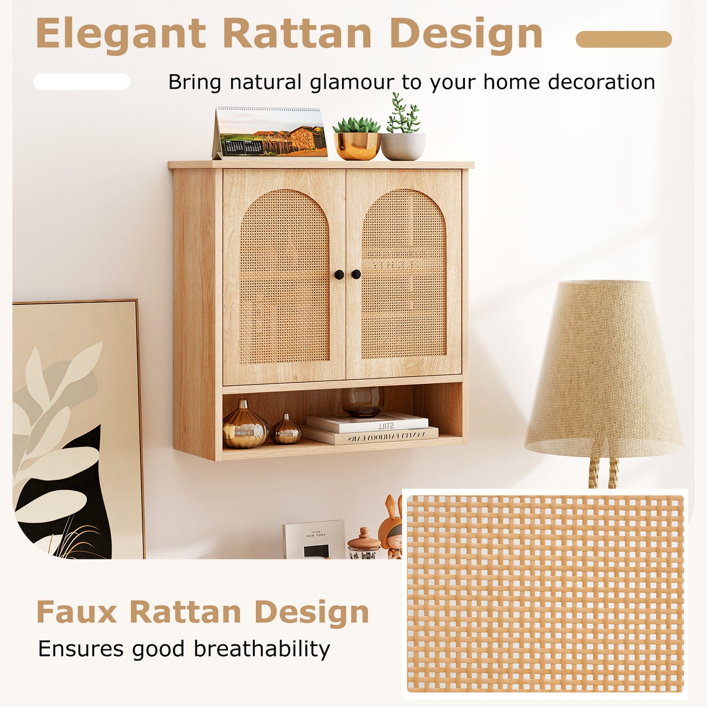 Bathroom Wall Cabinet with PE Rattan Doors and Adjustable Shelves-Natural