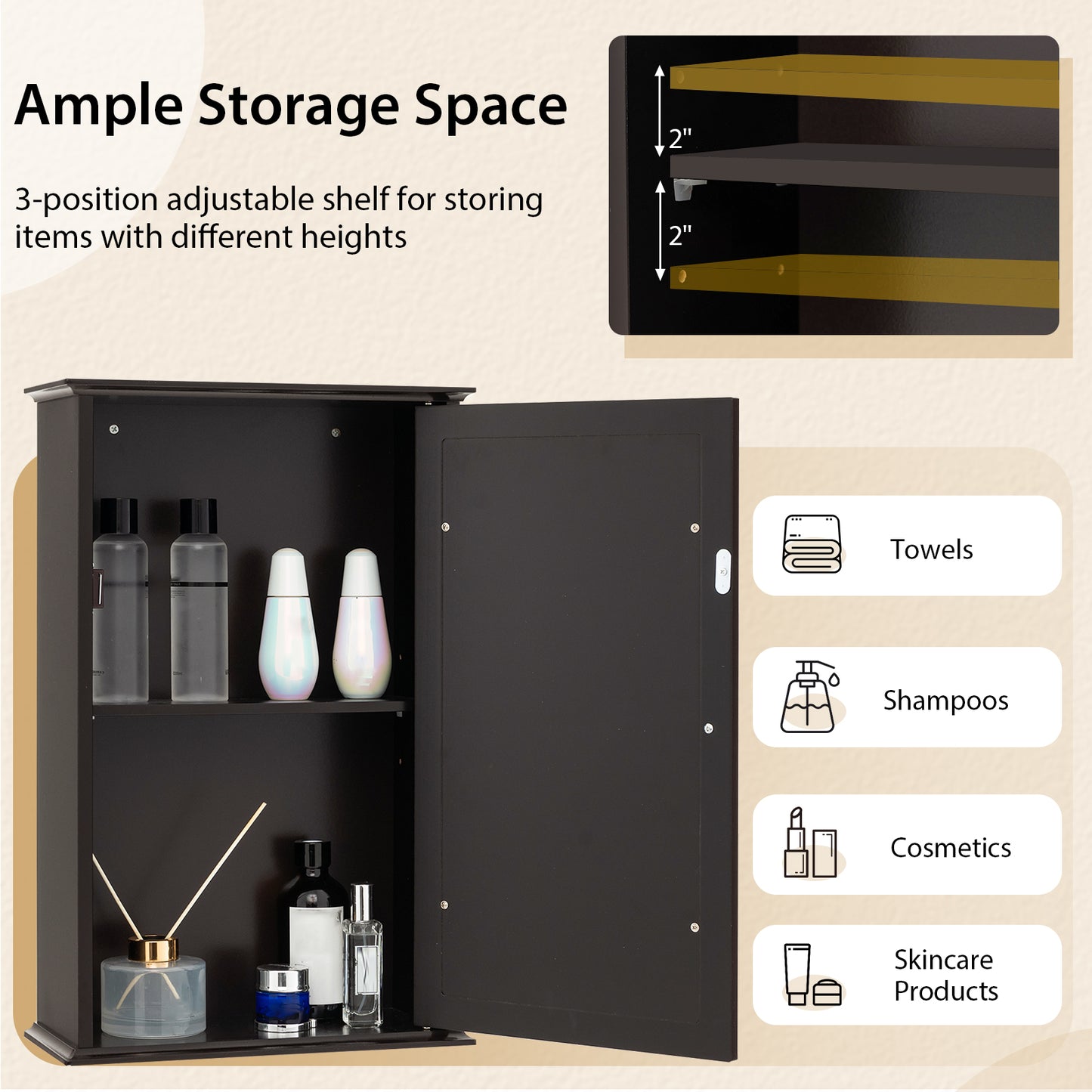 Bathroom Wall Cabinet with Single Mirror Door-Brown