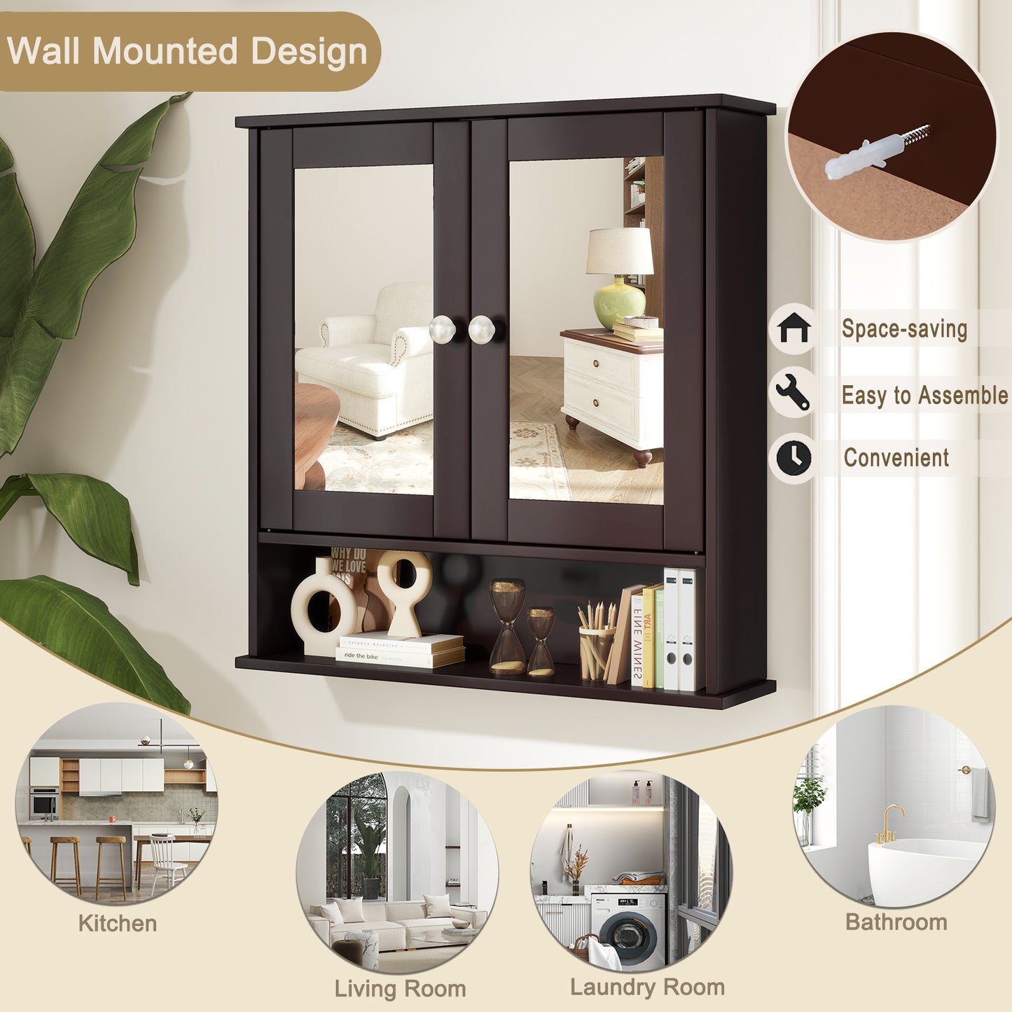 Bathroom Wall Mount Mirror Cabinet Organizer-Brown
