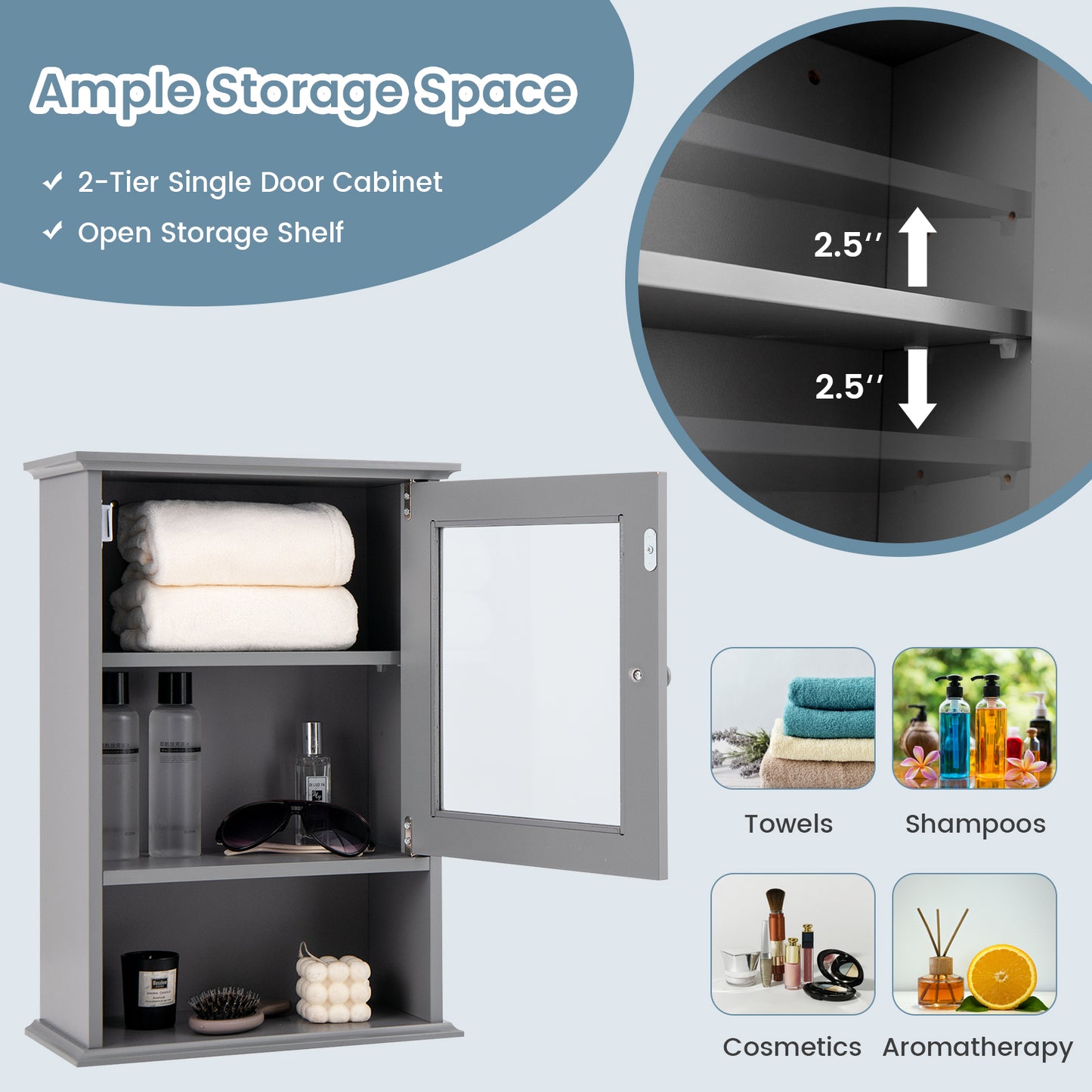Bathroom Wall Mounted Adjustable Hanging Storage Medicine Cabinet-Gray