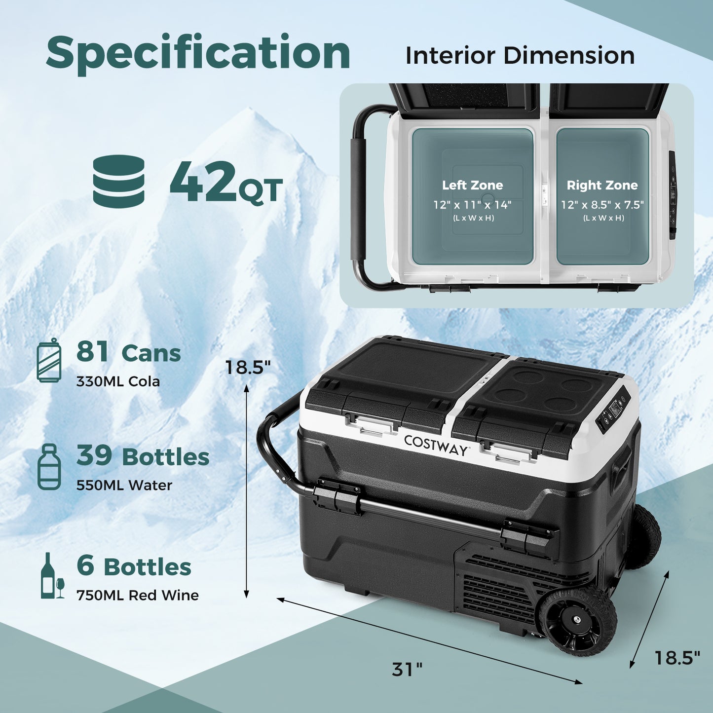Dual Zone 12V 42QT Car Refrigerator for Vehicles Camping Travel Truck RV Boat Outdoor and Home Use