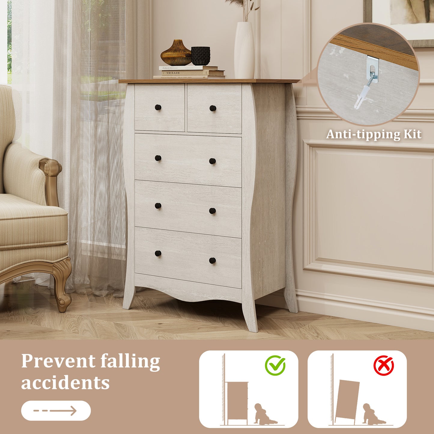 Closet Storage Organizer with 5 Folding Fabric Drawers and Anti-tipping Kit-Gray