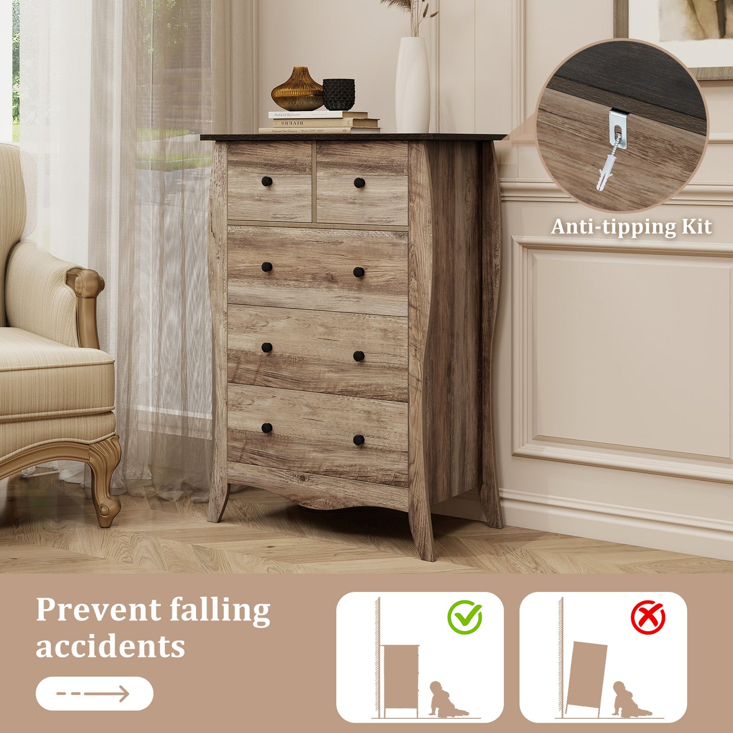 Closet Storage Organizer with 5 Folding Fabric Drawers and Anti-tipping Kit-Brown