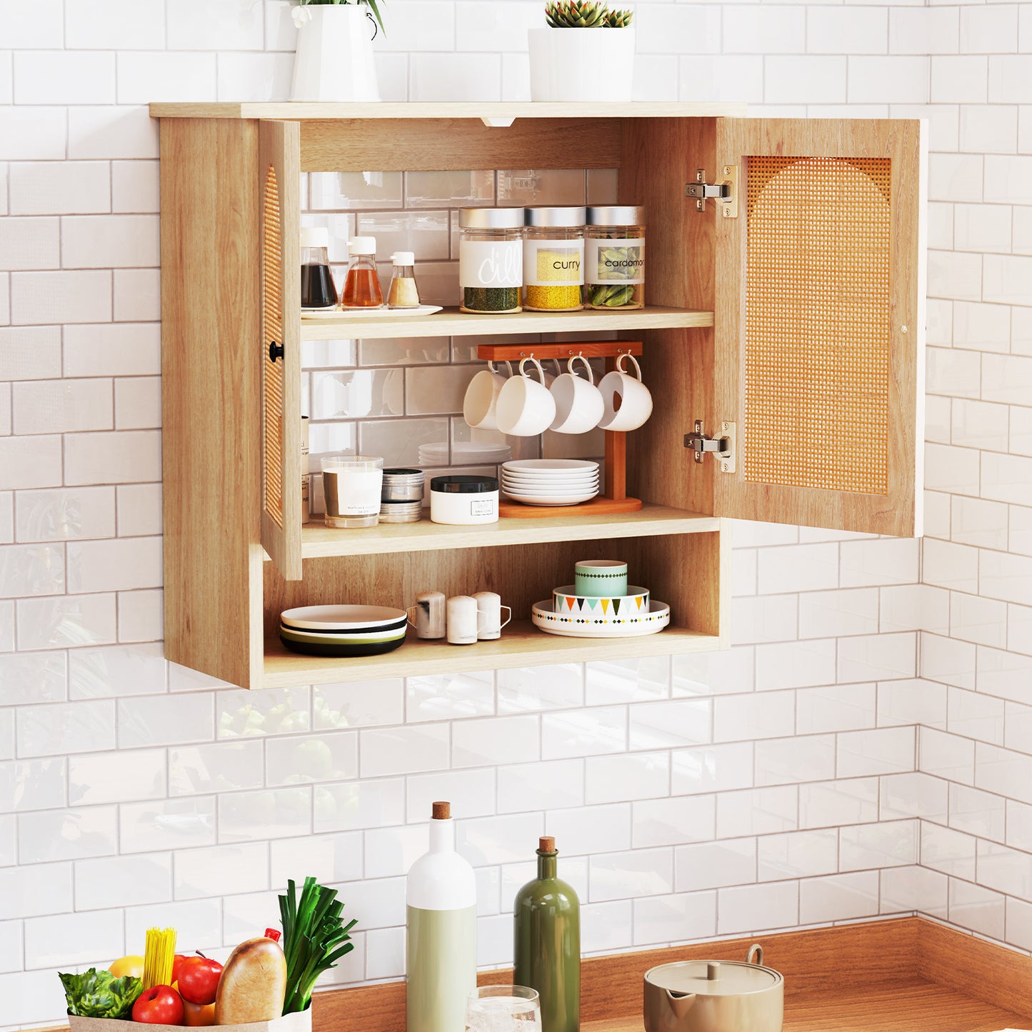 Bathroom Wall Cabinet with Adjustable Shelves Open Cube and Rattan Doors-Natural