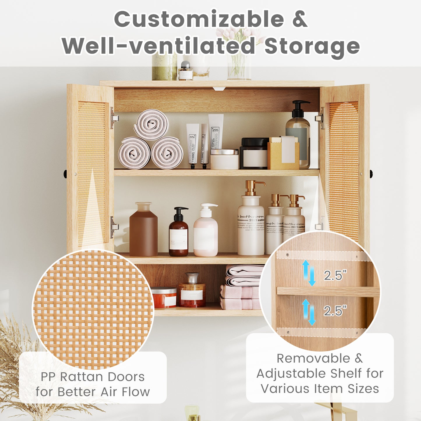 Bathroom Wall Cabinet with Adjustable Shelves Open Cube and Rattan Doors-Natural