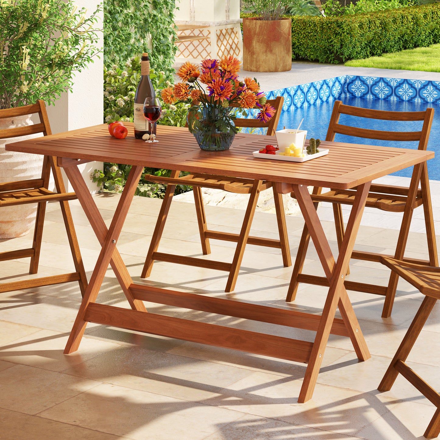 54.5 Inch x 27.5 Inch Patio Dining Table with Teak Painting and Umbrella Hole