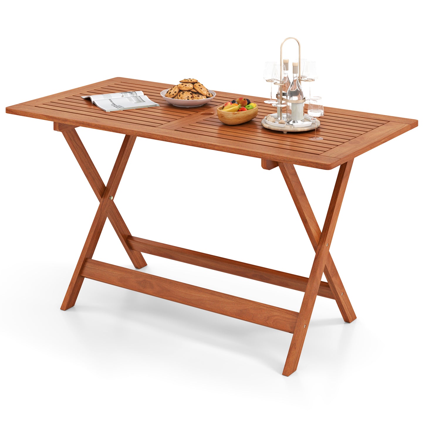 54.5 Inch x 27.5 Inch Patio Dining Table with Teak Painting and Umbrella Hole