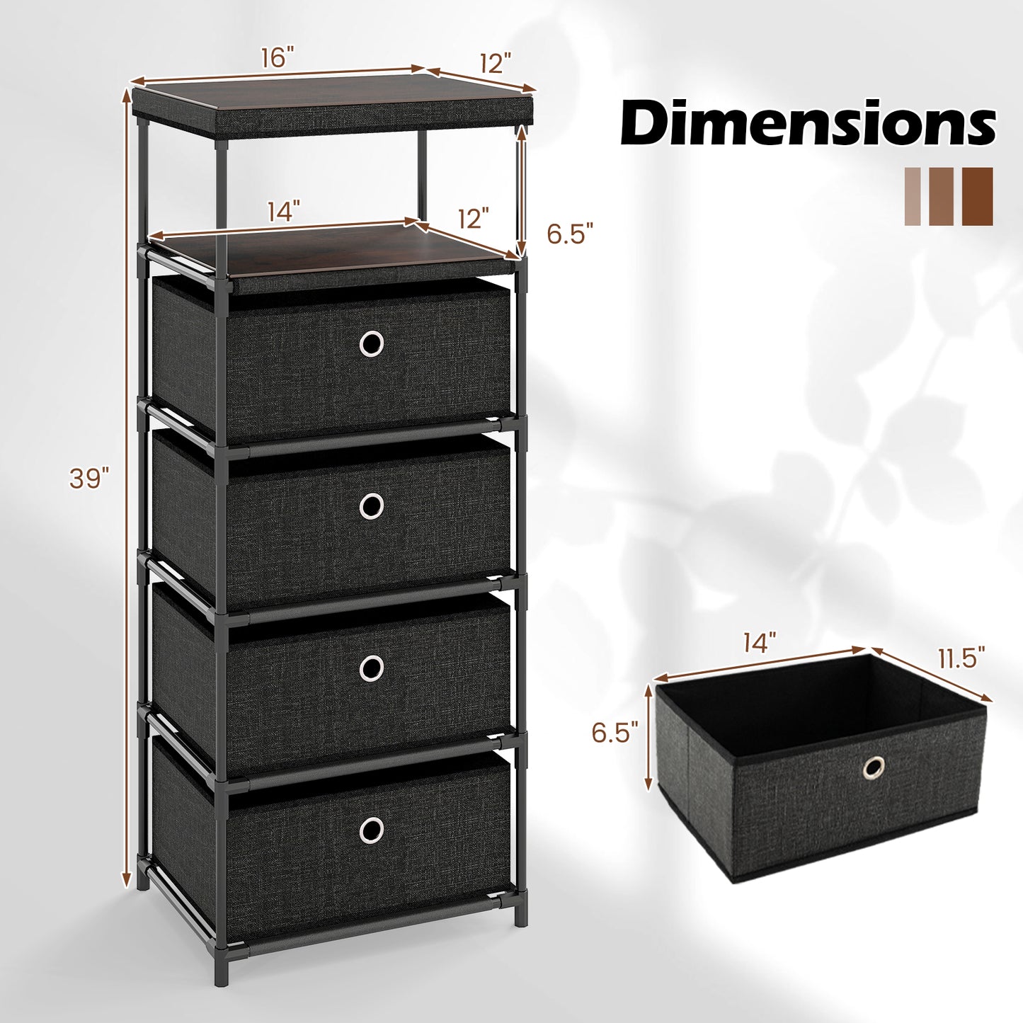 Dresser with 3/4 Drawers Fabric Storage Tower with Wood Top and Metal Frame-L