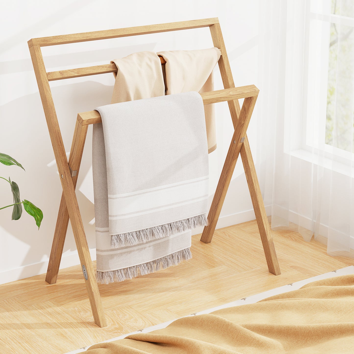 Freestanding Foldable Teak Wood Towel Rack with 3 Hanging Crossbars