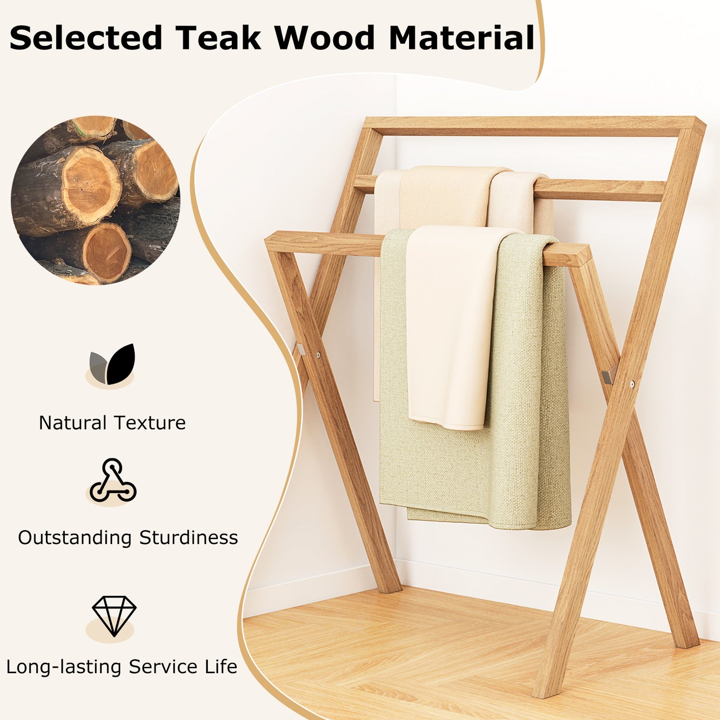Freestanding Foldable Teak Wood Towel Rack with 3 Hanging Crossbars