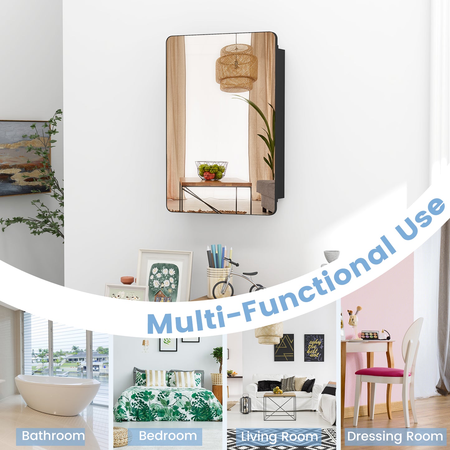 20 x30 Inch Multi-Functional Bathroom Mirror Cabinet with Adjustable Shelves-Black