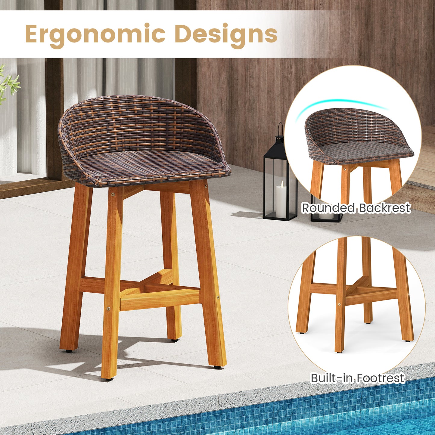 Outdoor Faux Rattan Bar Chairs Set of 2 with Ergonomic Backrests and Footrests-Brown