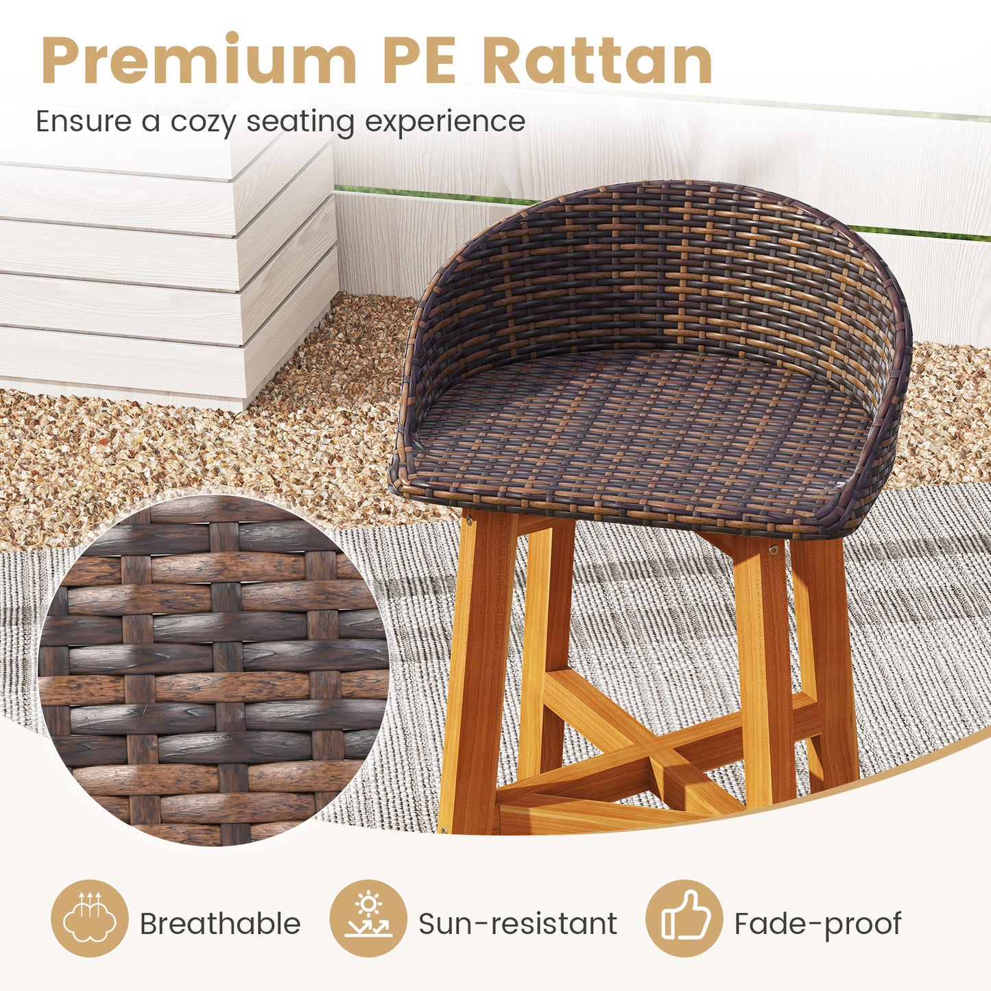 Outdoor Faux Rattan Bar Chairs Set of 2 with Ergonomic Backrests and Footrests-Brown