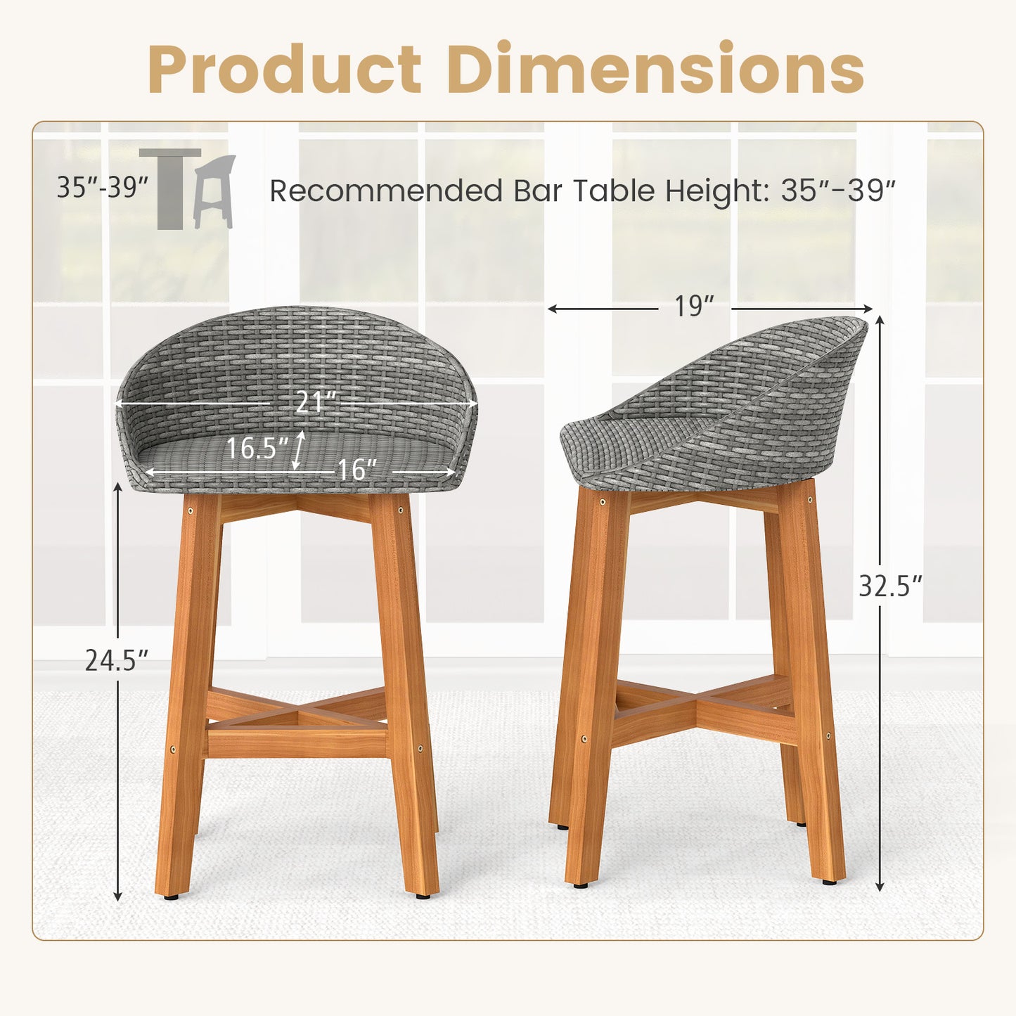 Outdoor Faux Rattan Bar Chairs Set of 2 with Ergonomic Backrests and Footrests-Gray