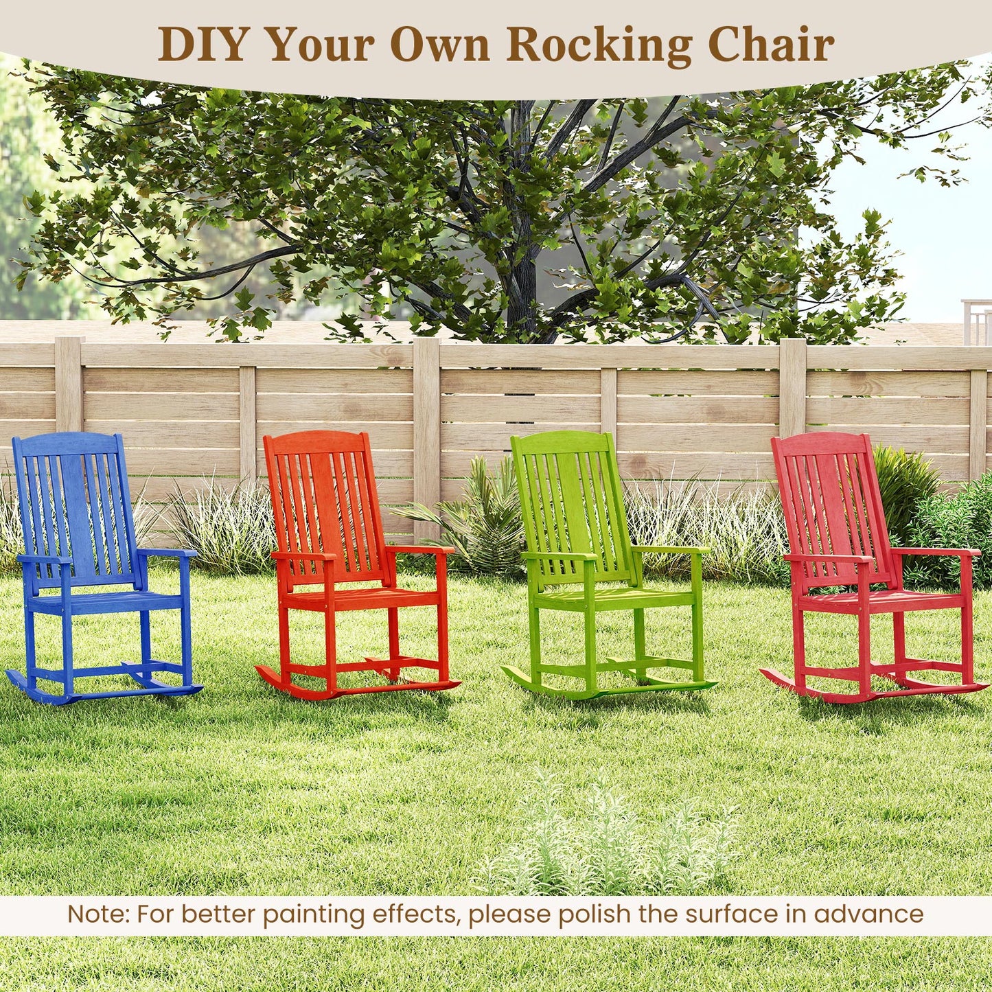Outdoor Rocking Chair Solid Wood High Back Rocker with Slatted Seat