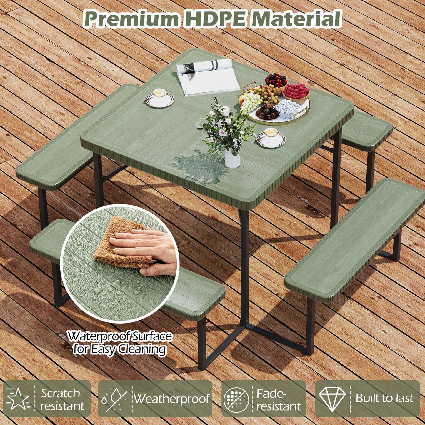 Outdoor Square Picnic Table Bench Set for 4-8 People with Umbrella Hole-Green