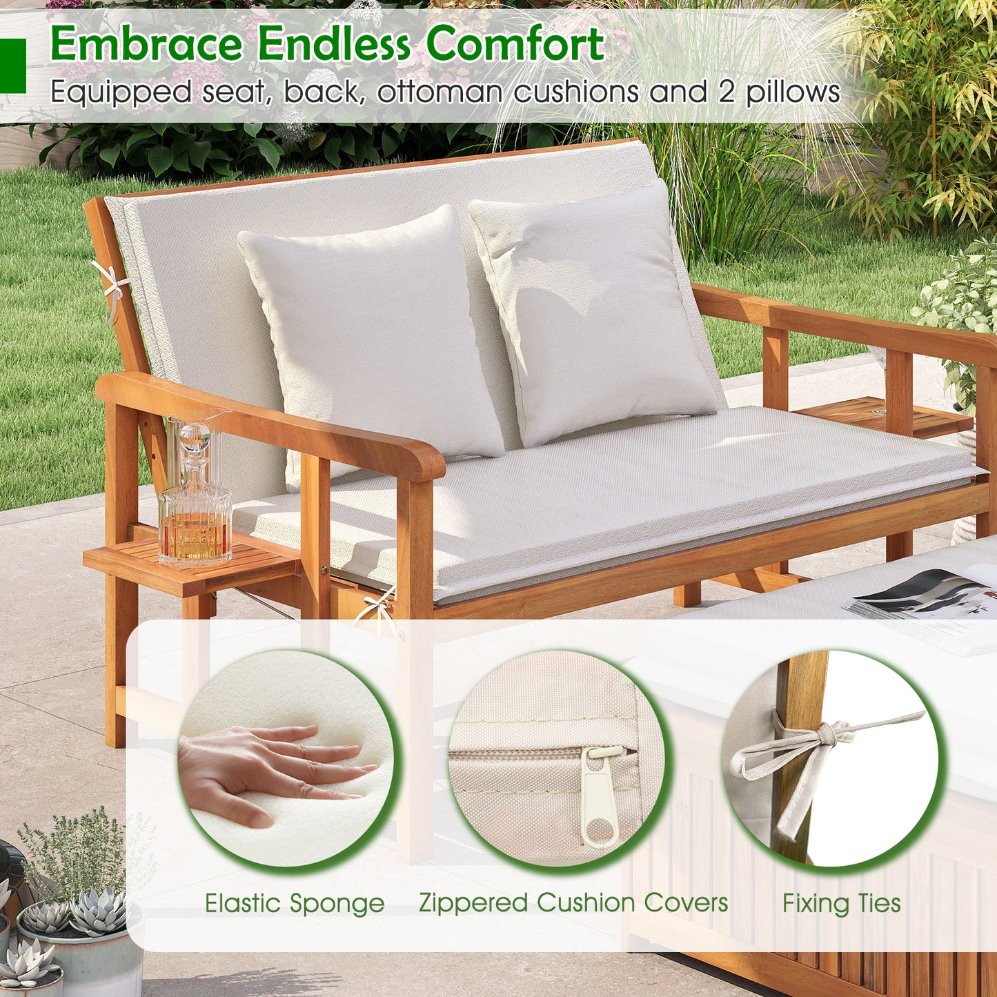 Outdoor Wooden Daybed with 4-Level Backrest and Removable Cushions-White