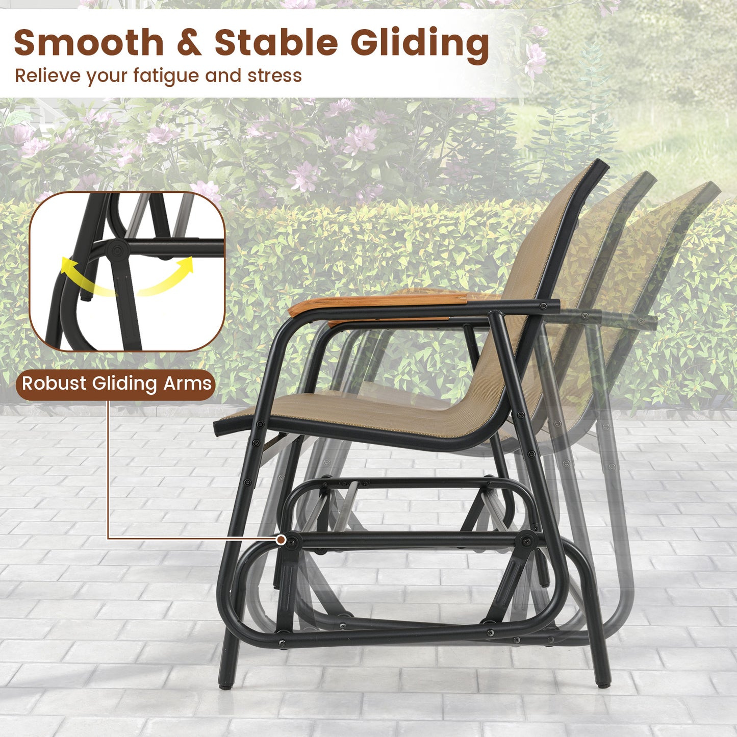 Patio Glider Bench with Curved Teak Armrests and Breathable Fabric Seat for 2 People-Brown