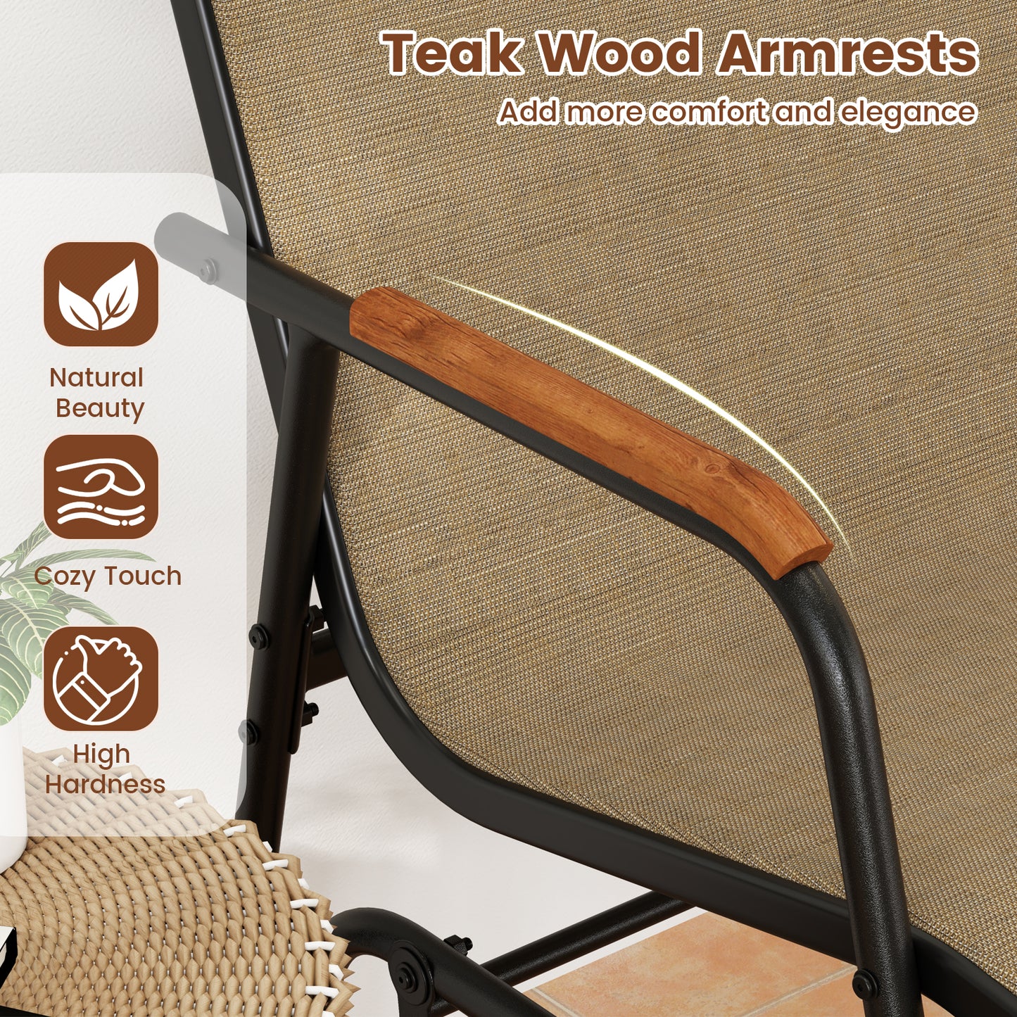 Patio Glider Bench with Curved Teak Armrests and Breathable Fabric Seat for 2 People-Brown
