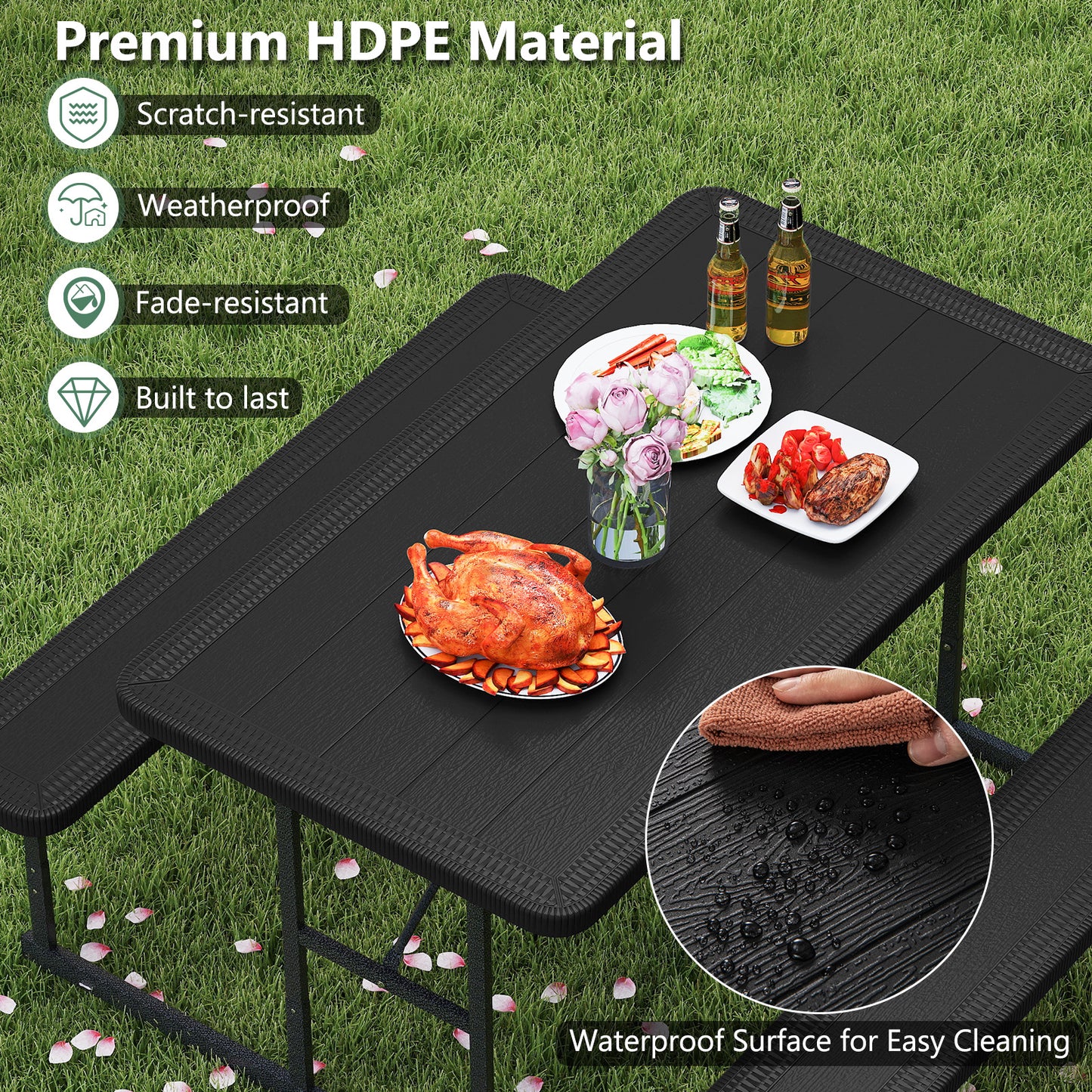 Picnic Table Bench Set for 2-4 People Outdoor Rectangular Camping Dining Table-Black