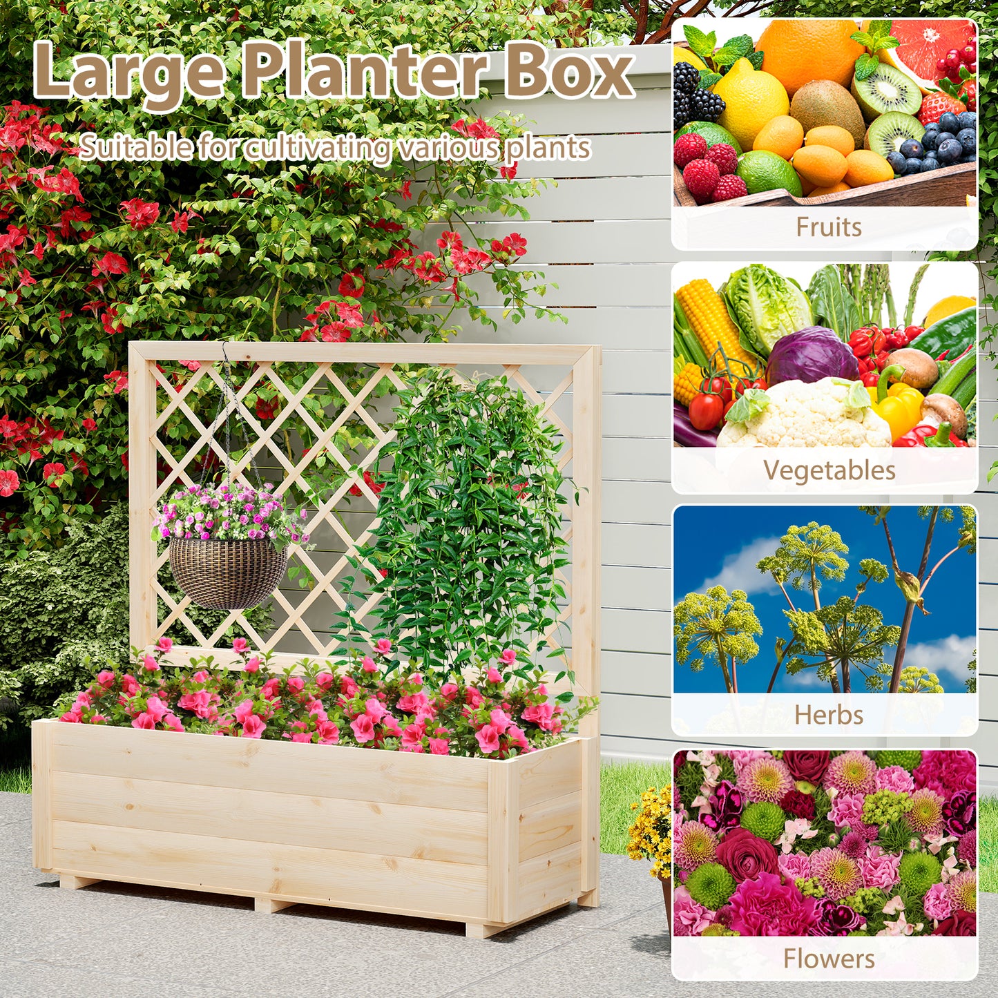 Raised Garden Bed Wooden Elevated Planter Box with Lattice Trellis-L