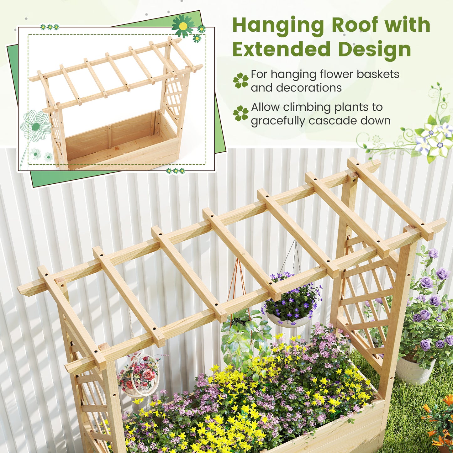 Raised Garden Bed Wooden Elevated Planter Box with Hanging Roof-L