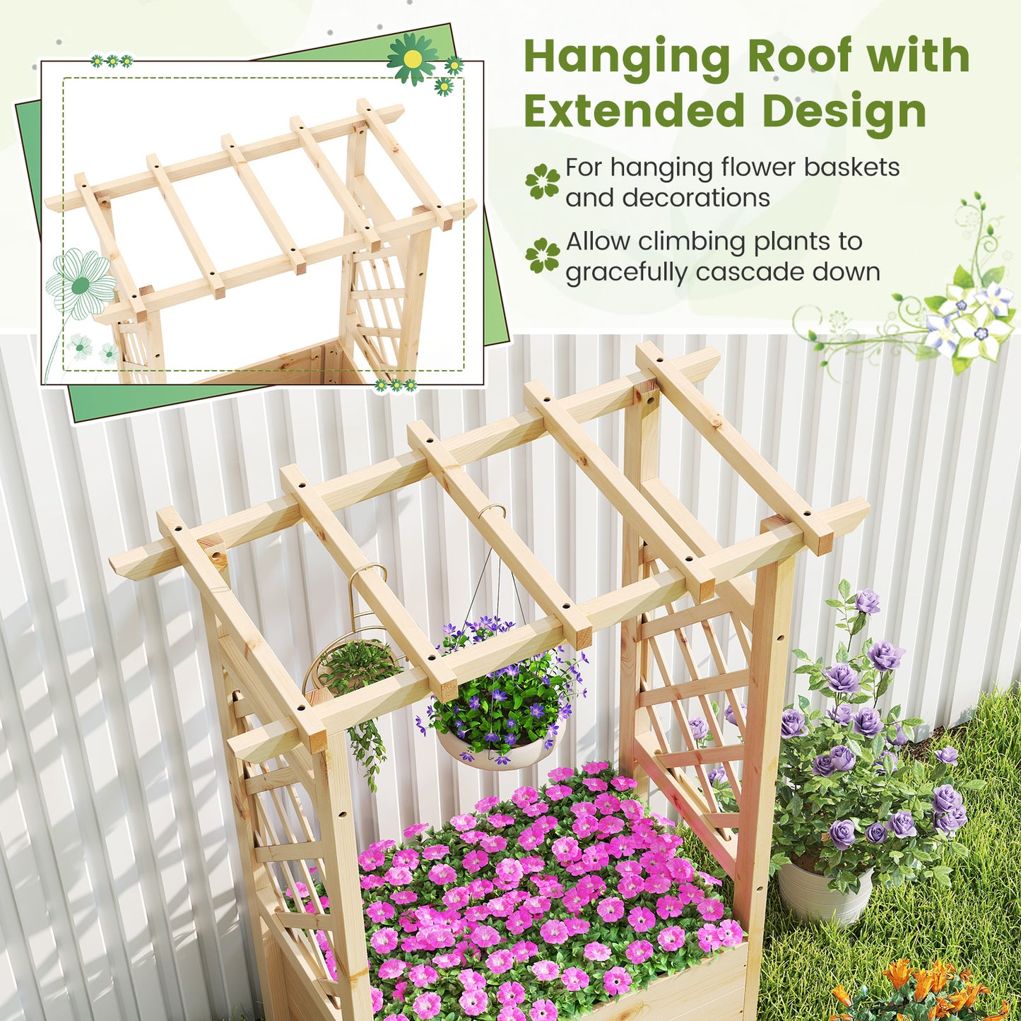 Raised Garden Bed Wooden Elevated Planter Box with Hanging Roof-S