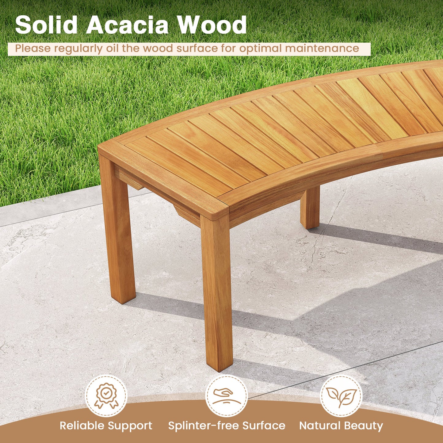 Set of 1 Outdoor Bench Acacia Wood Curved Garden Bench 2-Person