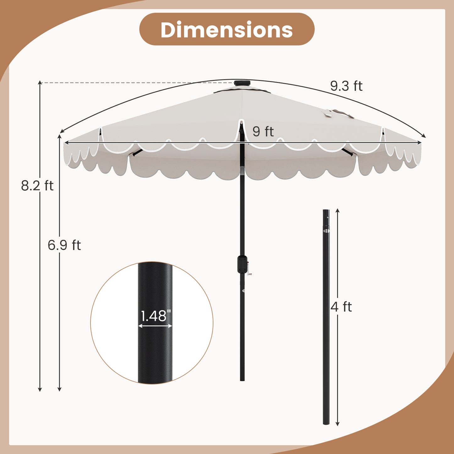 9.3 Feet Solar Patio Umbrella with 24 LED Lights Vented Top and Ruffles-Beige