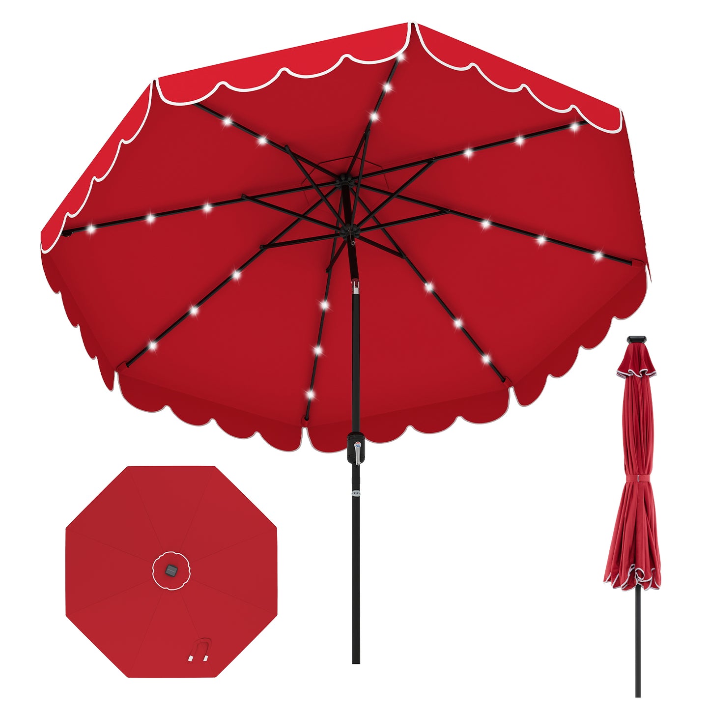 9.3 Feet Solar Patio Umbrella with 24 LED Lights Vented Top and Ruffles-Red