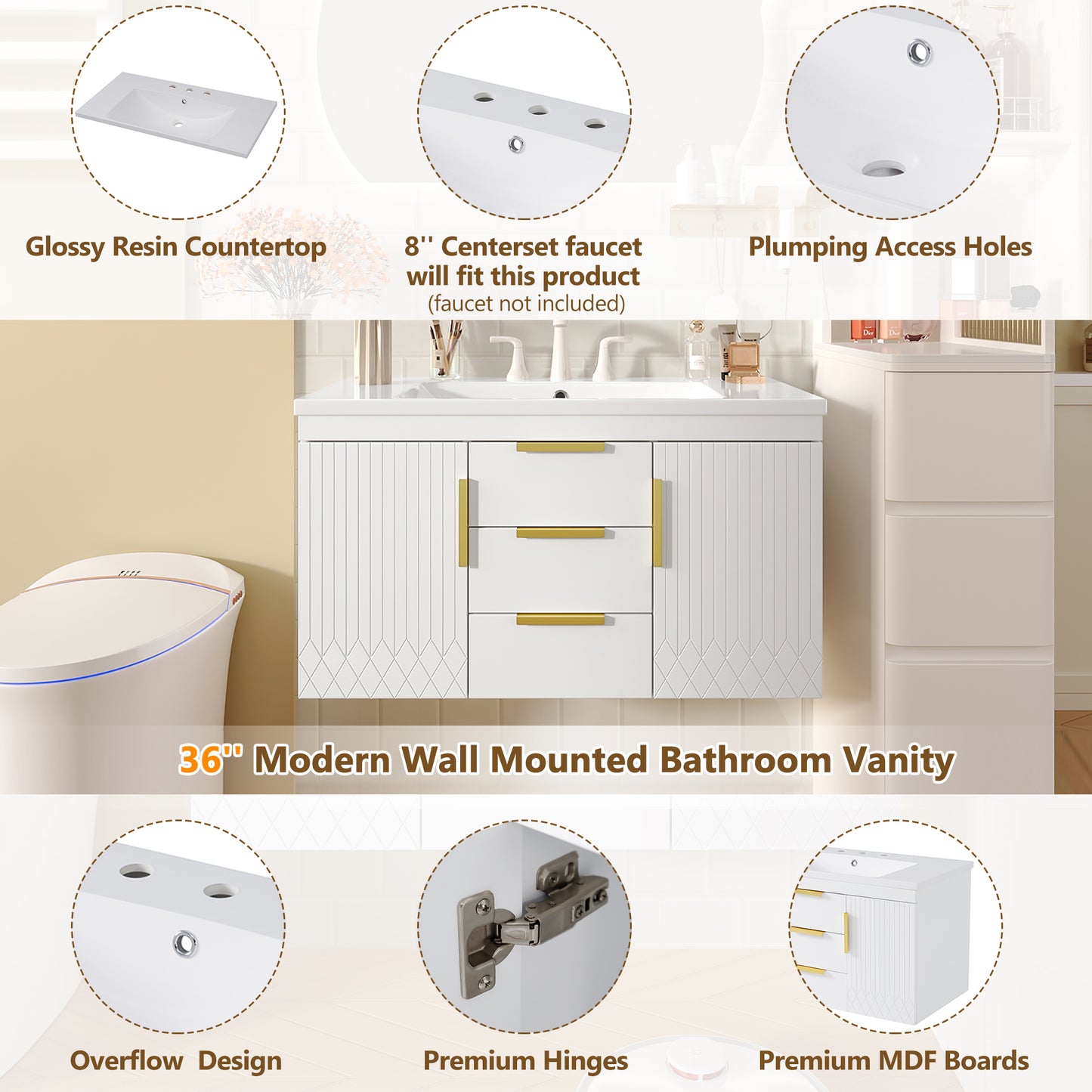 36'' Wall Mounted Bathroom Vanity, Floating Bathroom Storage Cabinet with 2 Drawers, Solid Wood Bathroom Cabinet
