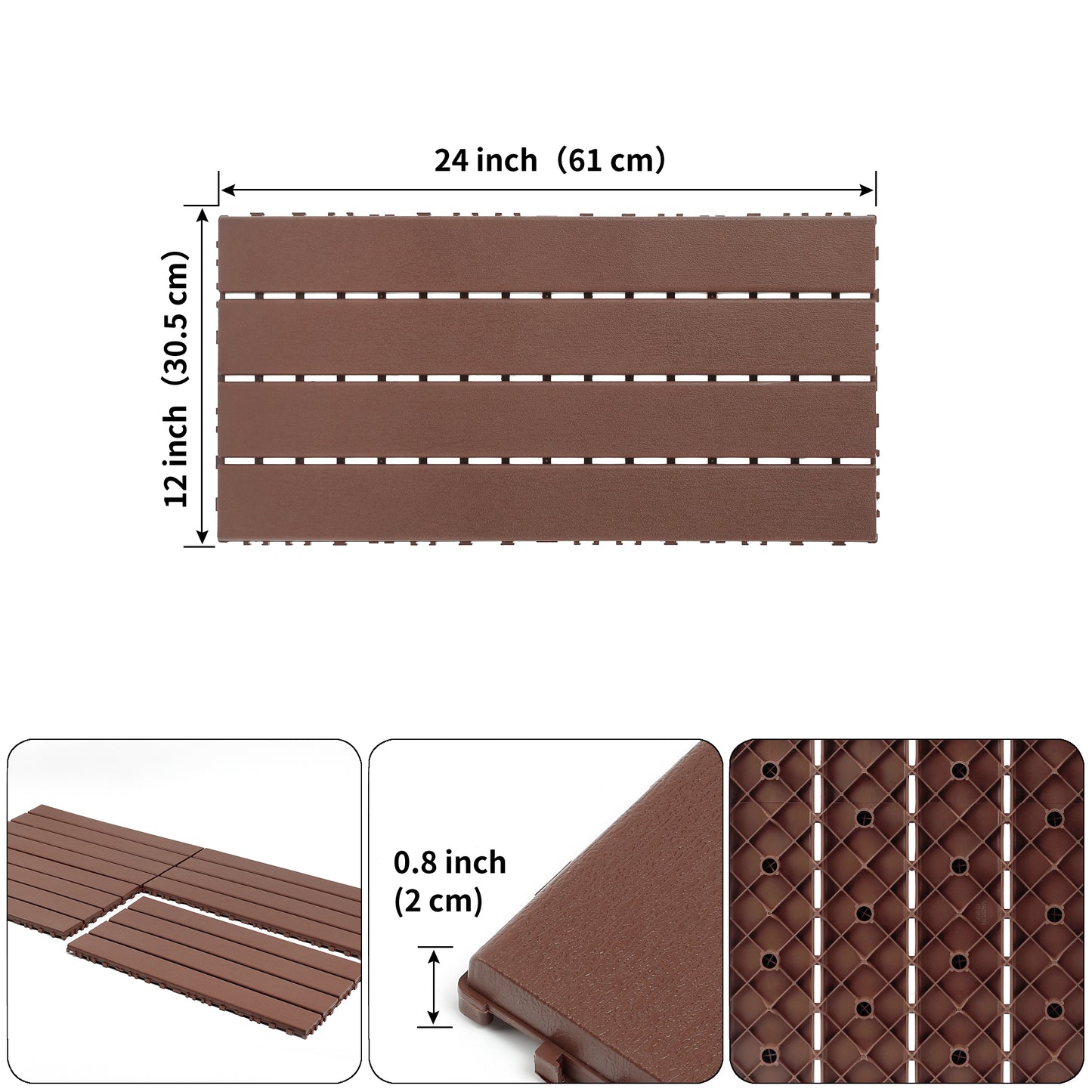24 pieces of dark gray outdoor terrace deck tiles, DIY interlocking decking floor tiles, easy to install patio tiles, suitable for indoor and outdoor balcony backyard poolside ,Brown