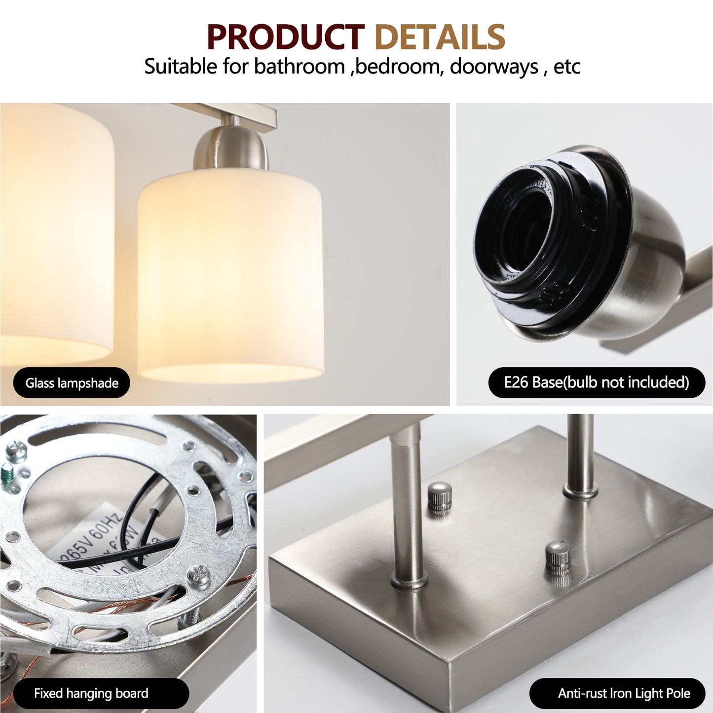 Brushed Nickel Bathroom Light Fixtures, 5-Light Modern Vanity Light Over Mirror, Wall Sconces with Milky White Frosted Glass Shades, E26 Socket (Bulbs Not Included)