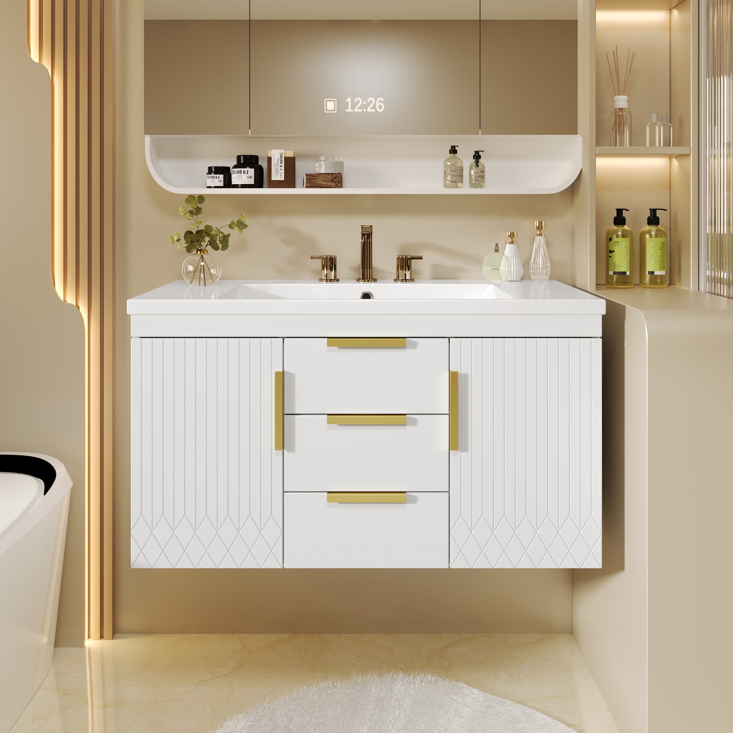 36'' Wall Mounted Bathroom Vanity, Floating Bathroom Storage Cabinet with 2 Drawers, Solid Wood Bathroom Cabinet